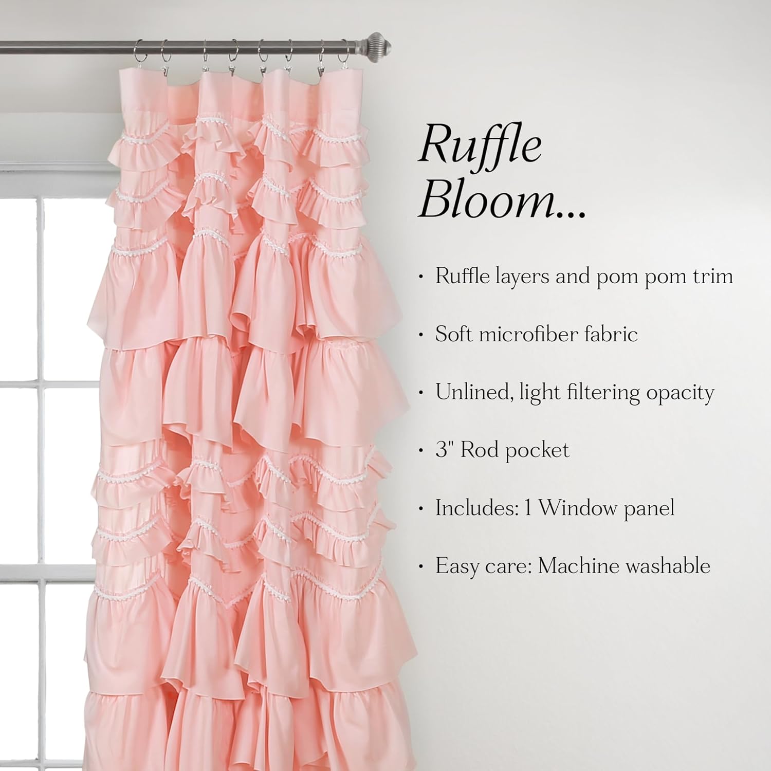 Lush Decor Kemmy Light Filtering Window Curtain Panel Single 52" W x 95" L Peachy Pink - Drapes - Ruffled Curtains for Bedroom - Pink Curtains - Coquette Decor