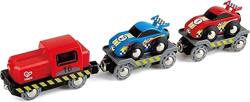 Hape Transportador de autos de carreras | Juego de transporte de autos de tren de juguete de madera de seis piezas para niños