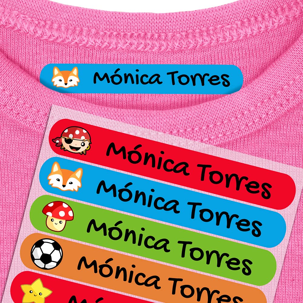 50 Etiquetas termoadhesivas personalizadas para marcar la ropa de los niños. Pegatinas para planchar, resistentes a lavadora y secadora. Tamaño 6 x 1 cm. (Paleta 1)