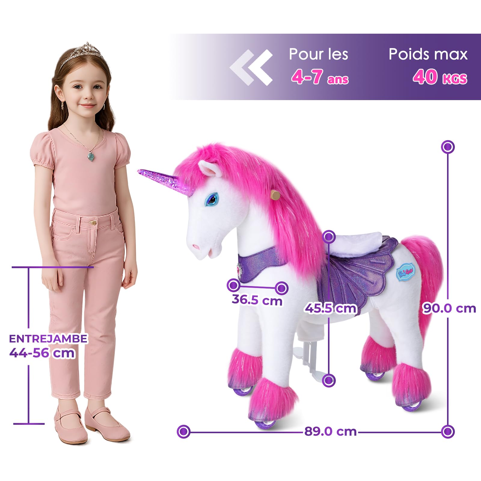 PonyCycle Modèle Y Avancé Licorne à Monter avec Sons Magiques pour Enfants 4-7 Ans, Licorne Rose en Peluche à Roues avec Frein, Jouet Mécanique pour Anniversaire des Filles - Y452