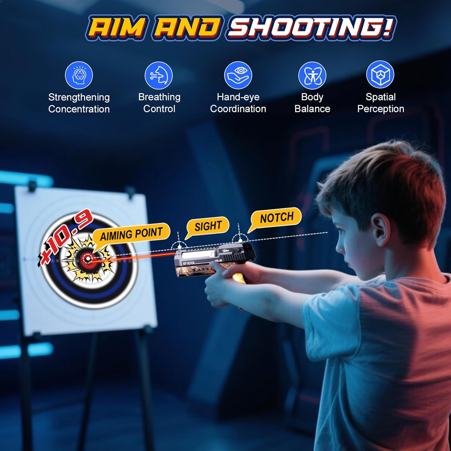 VATOS Smart Electronic Shooting Game Set with Auto-Scoring Target Base and Rechargeable Gun, Real-Time Voice Feedback, 4 Shooting Modes, Indoor Outdoor Toy for Teens Adults Family Party