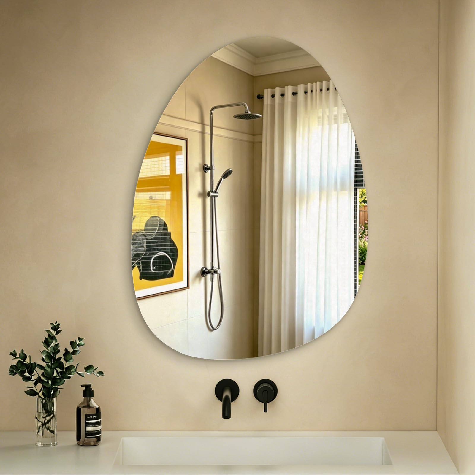 S'AFIELINA Asymmetrischer Spiegel 75x55 cm, Rahmenloser Wandspiegel | Organischer Spiegel für Badezimmer und Gäste-WC, Kupferfreies HD-Glas, Splitterschutz, Hoch- und Querformat montierbar