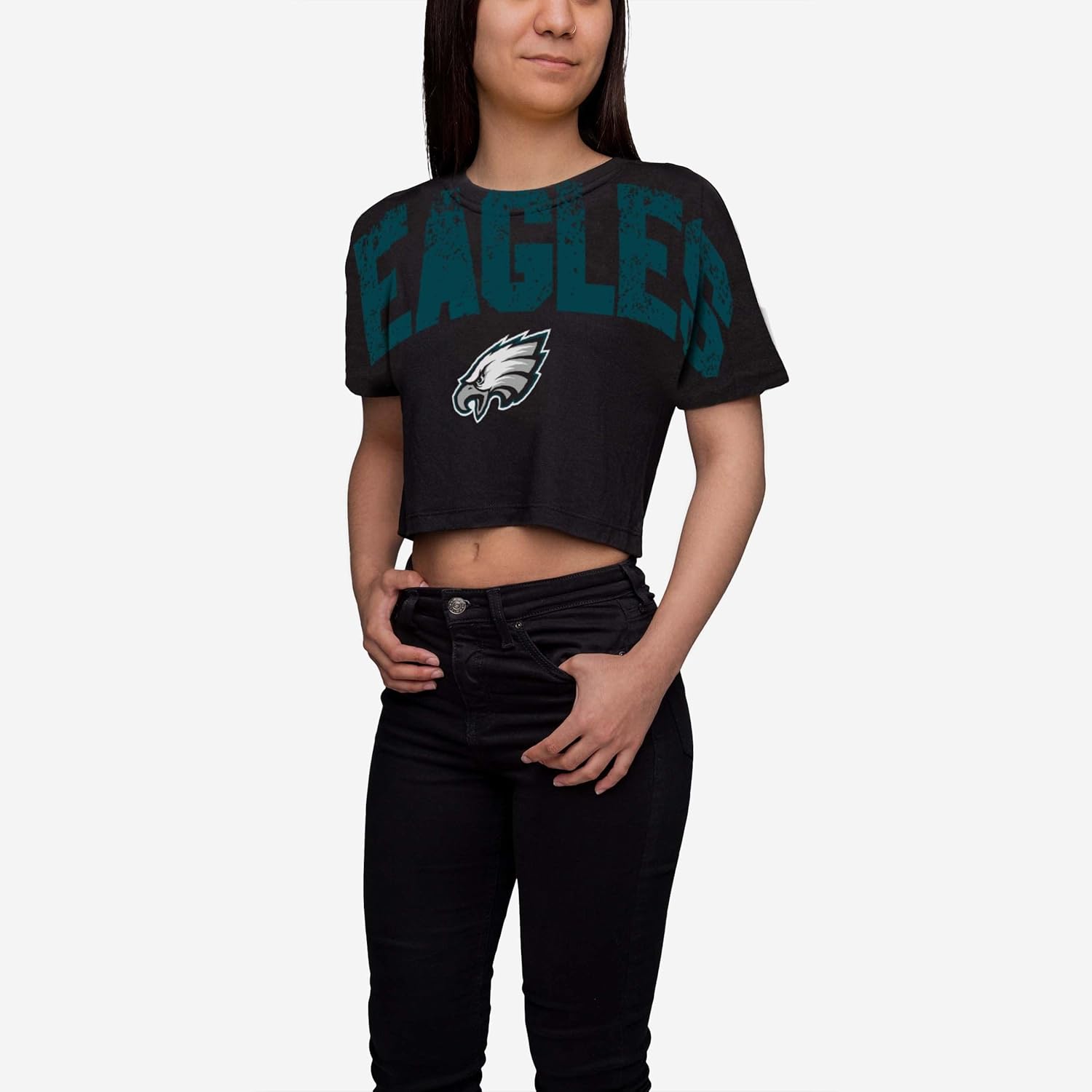 FOCO NFL Womens NFL Team Logo Ladies Fashion Distressed Wordmark Petite Size Crop Top Shirt