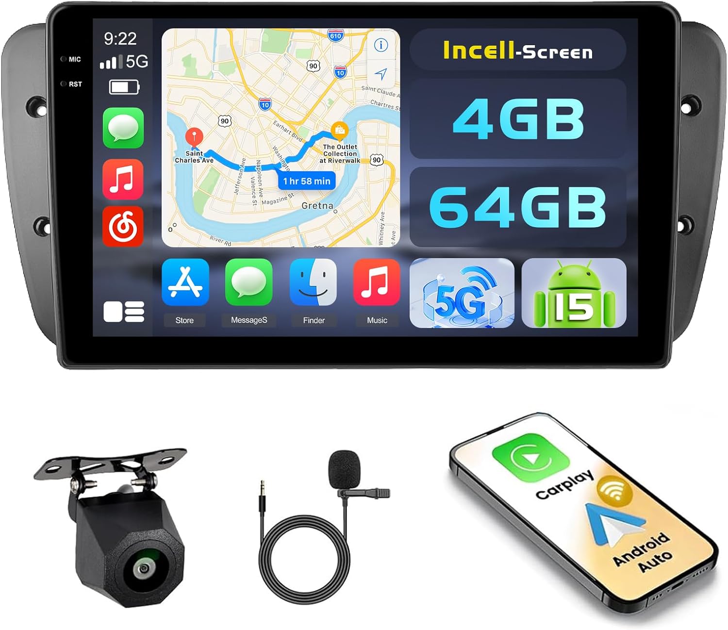 Hikity 4+64GB Android 15 Car Radio for Seat Ibiza 6J 2009-2014 with Carplay Android Auto Wireless, Incell 9 Inch Touch Screen with BT/GPS/WiFi/FM/RDS+Rear Camera+Mic