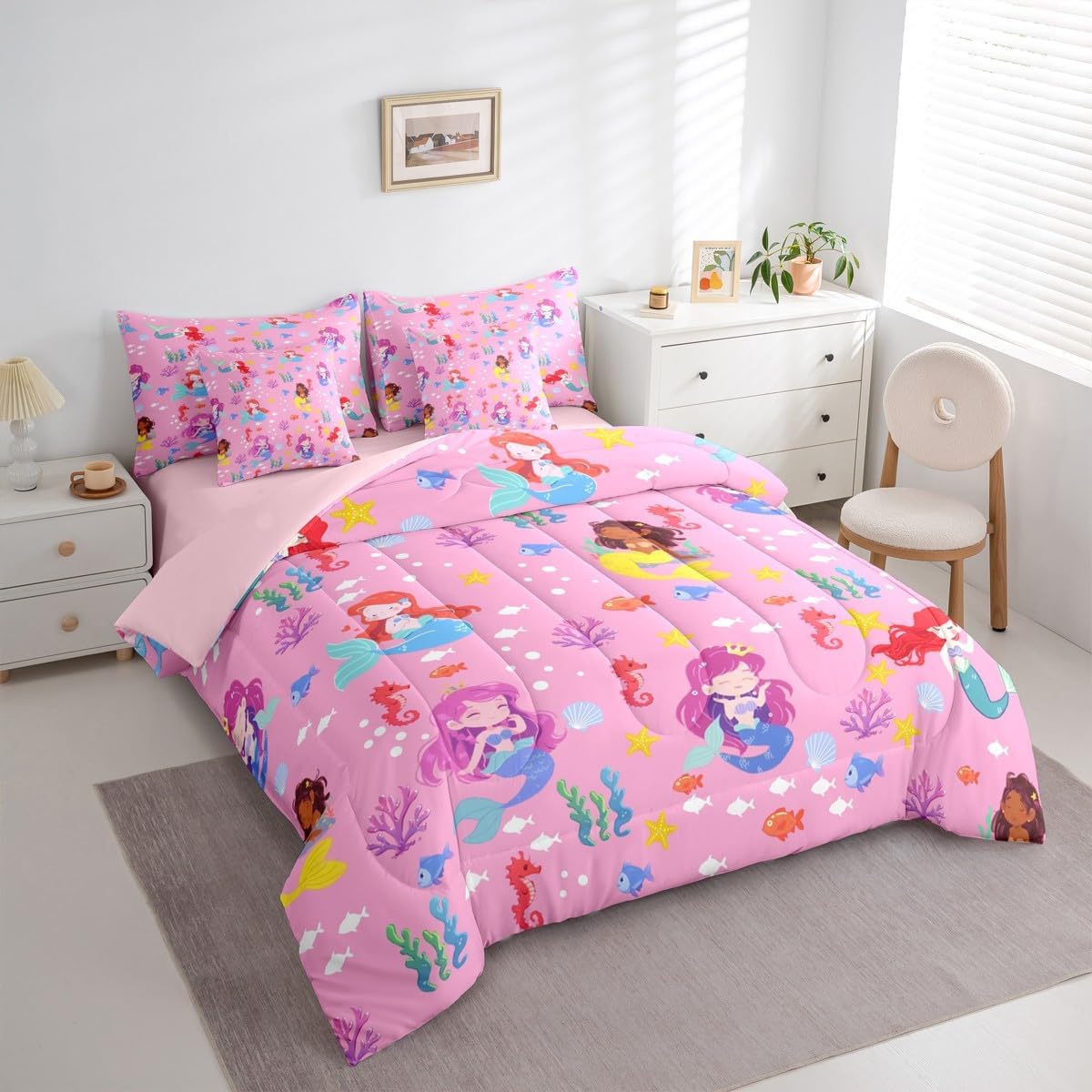 Feelyou Mermaid Princess Comforter Set Twin Size 7 Pieces Cute Mermaid Bedding Set for Kids Boys Girls Ocean Marine Bed in a Bag with Comforter, Sheets, Pillowcases, Cushion Covers Bedroom Decor