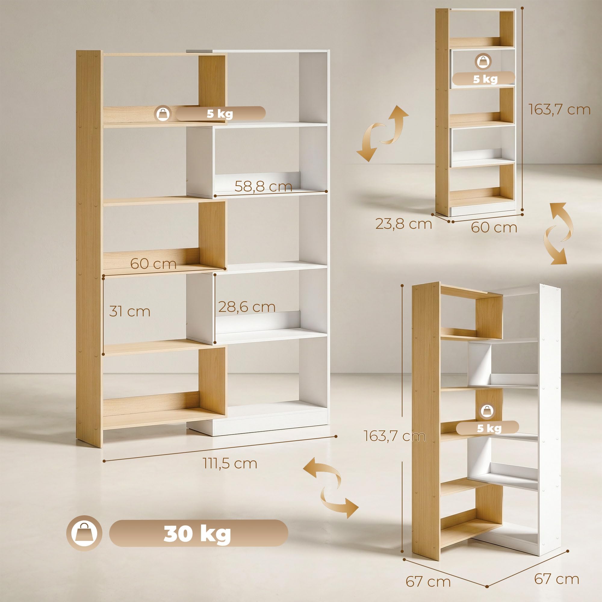HOMCOM Bibliothèque d'angle rotative 350° à 5 Niveaux, étagère de Rangement Extensible en Forme L, 60-111x24x164cm, Style Moderne, Meuble de Rangement pour Salon, Bureau, Petit Espace, chêne et Blanc