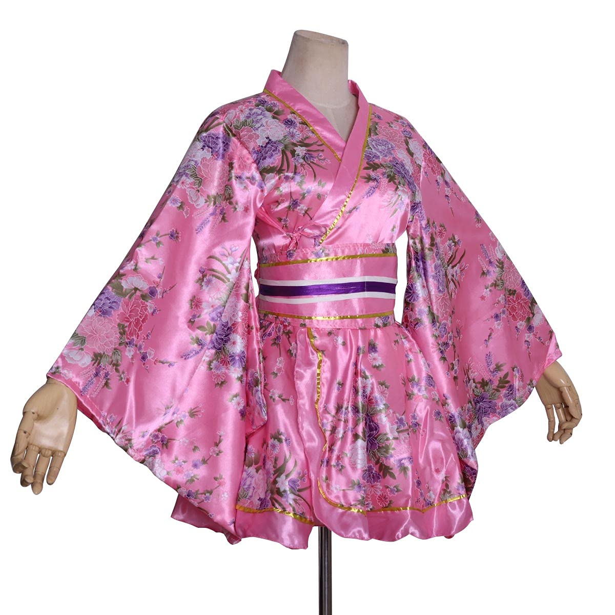 HUAHUA Women's Sexy Short Kimono Dress Floral Print Japanese Traditional Geisha Robe Bathrobe Skirt Belt Outfit: One Size D02-pink