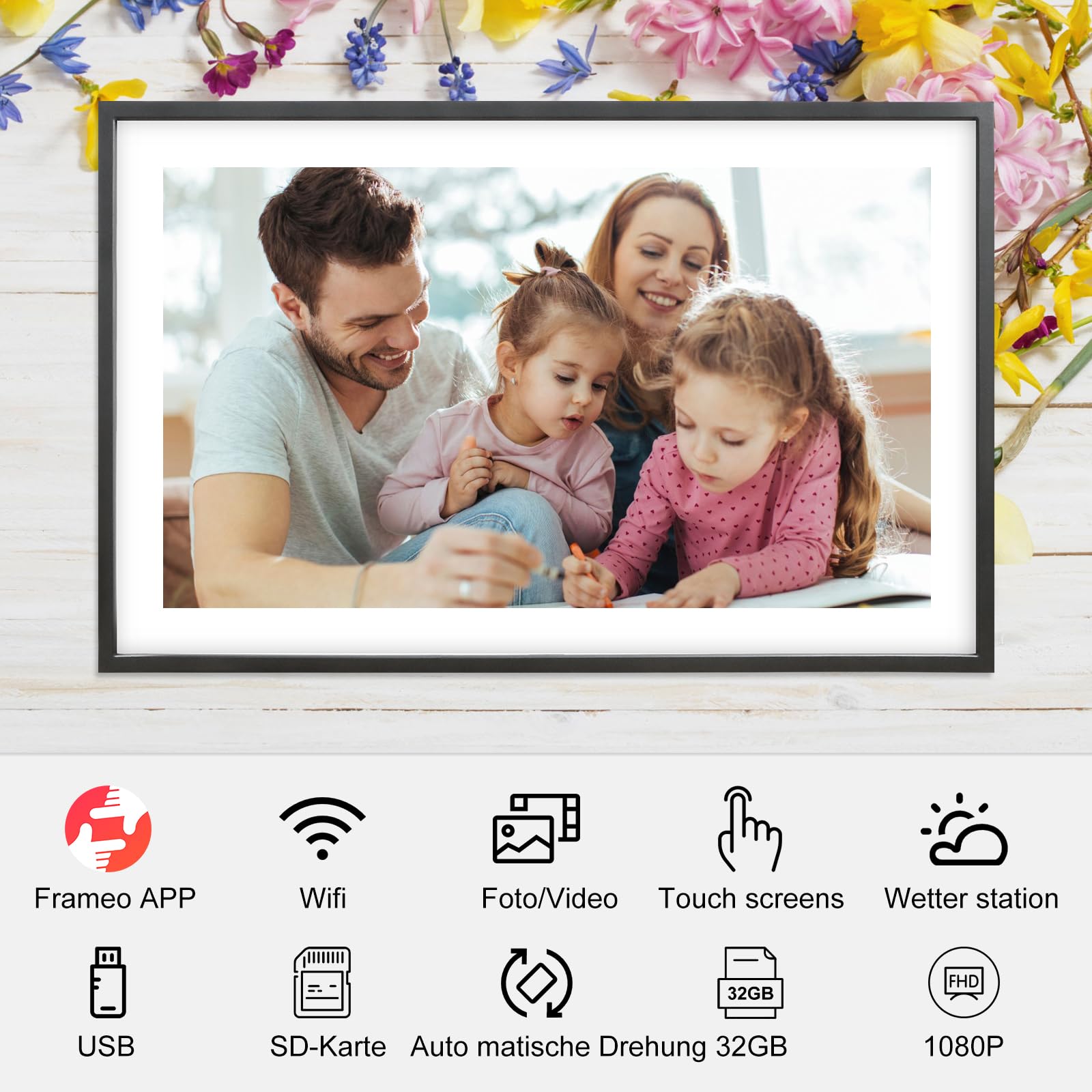 Digitaler Bilderrahmen Groß,15.6 Zoll Frameo Digital Photo Frame, 32 GB, 1920 * 1080 IPS FHD-Touchscreen, Elektronischer Bilderrahmen Tisch- und Wandmontage, Bildvideo teilen