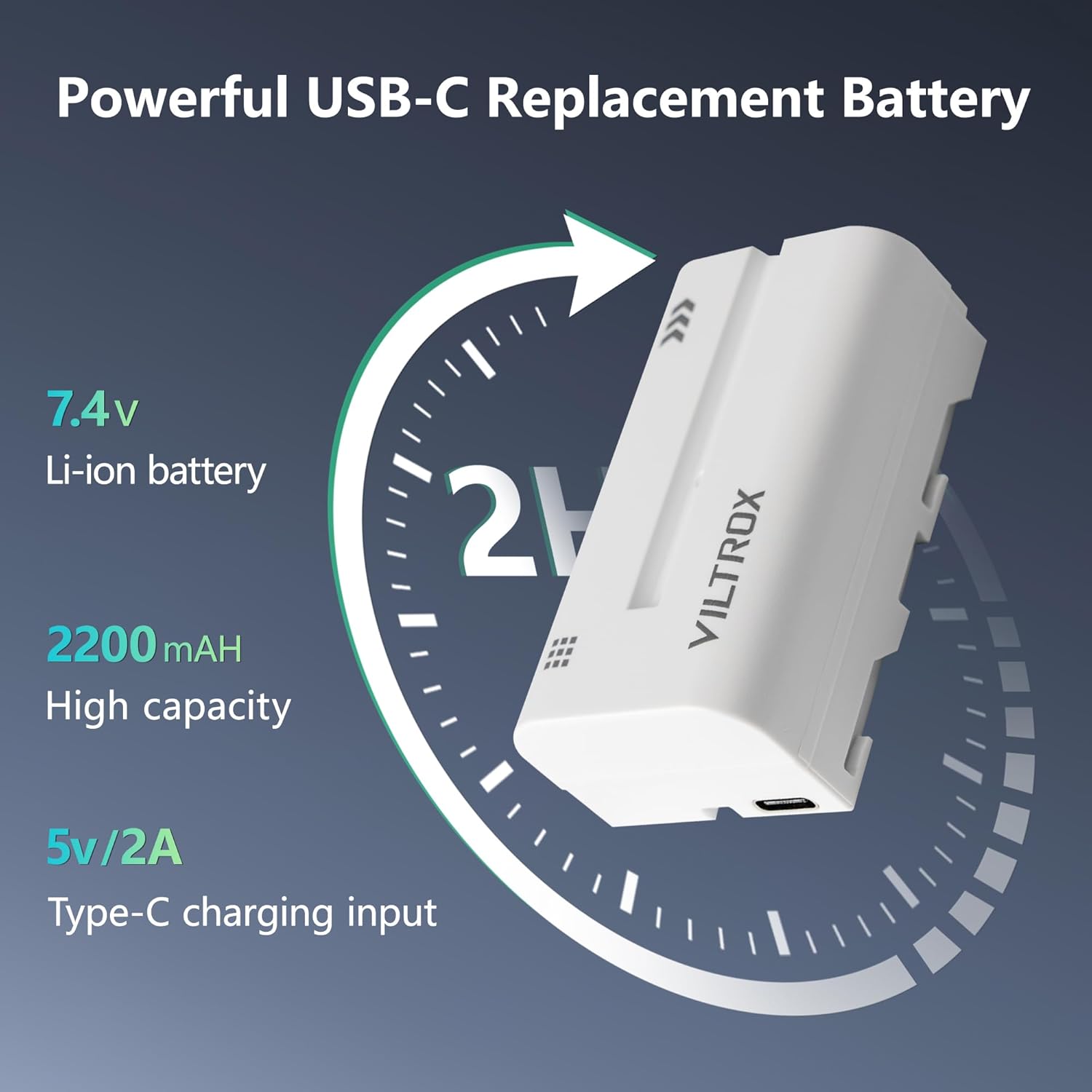 VILTROX NP-F550 Li-ion 2200mAh Battery 2 Pack, Rechargeable Replacement Battery for Sony NP-F550 F750 F770 F950 F960 F970, Compatible with Godox Neewer Led Video Light/Camera Monitor, Type-C Charging