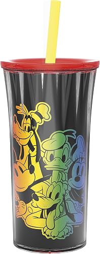 Zak Designs Disney Halloween Rainbow Collection Double-Wall Insulated Plastic Tumbler for Cold Drinks, Travel Cup with Splash-Proof Straw Lid Made with Durable Materials (Mickey and Friends, 20 oz)