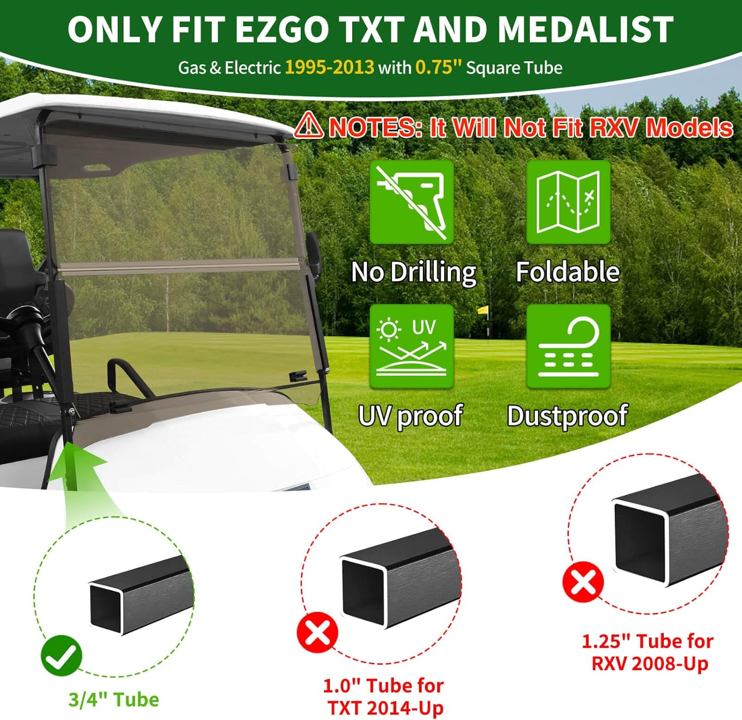 Golf Cart Foldable Windshield 3/16" (5MM) Thicken for 1995-2013 EZGO TXT & Medalist, 40.75" W×33.85" H, Fits 3/4" Rail Front Folding Windscreen Glass Scratch-Resistant, Shatterproof, Anti-UV