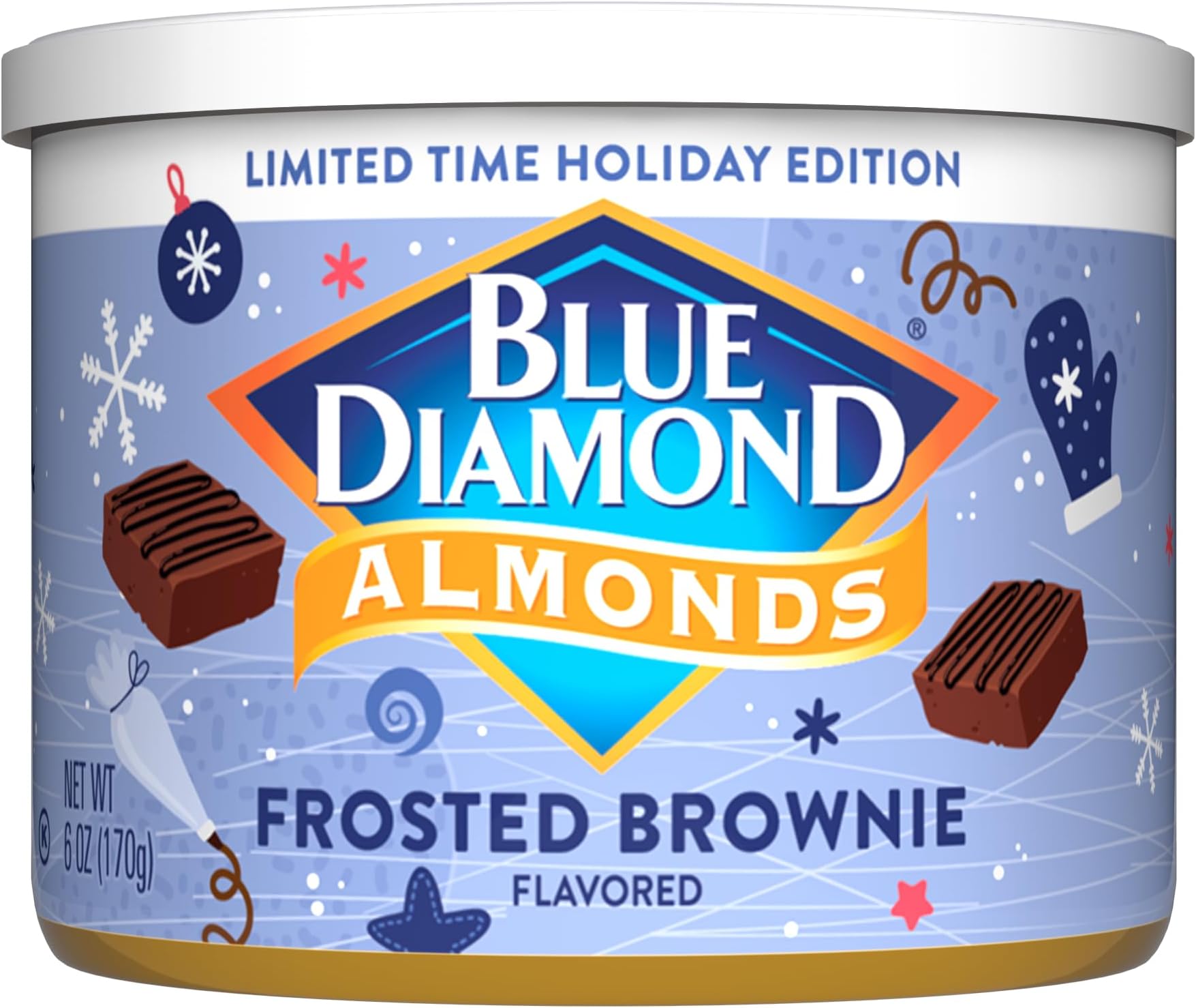 Blue Diamond, Holiday Frosted Brownie Flavored Sweet Snack Nut Almonds Perfect Size for On-The-Go, Holidays and Gatherings, Lunch, Adults and Kids, 6oz Can