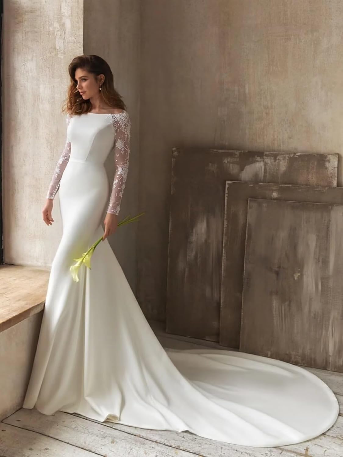 Mermaid Wedding Dresses for Bride 2026 Lace Appliques Boho Beach Satin Bridal Gown with Train for Women