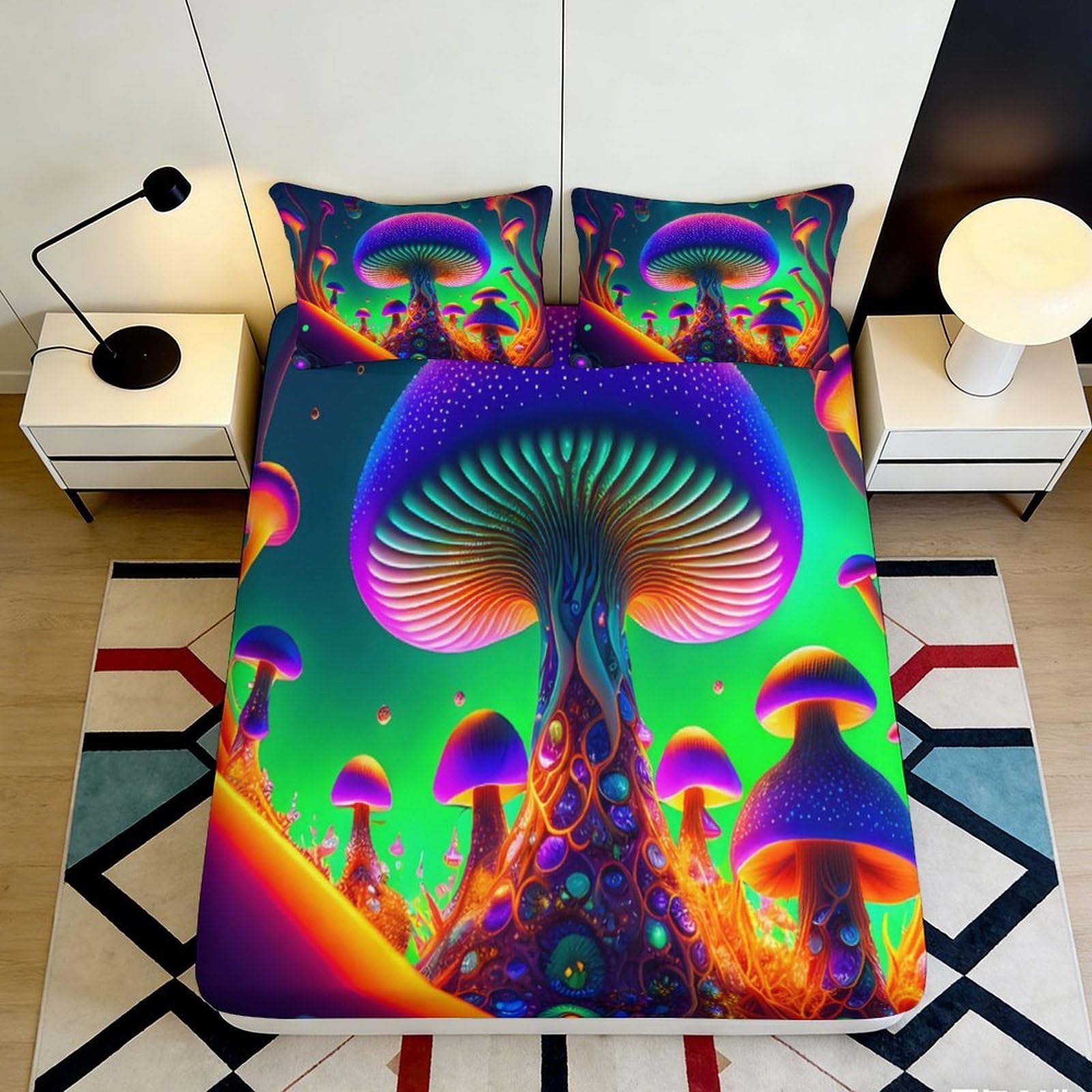 3D Printed Psychedelic Mushroom Fitted Sheet Microfiber Vibrant Fantasy Forest Bed Cover for Bedroom Guest Room Décor 90x200x25cm