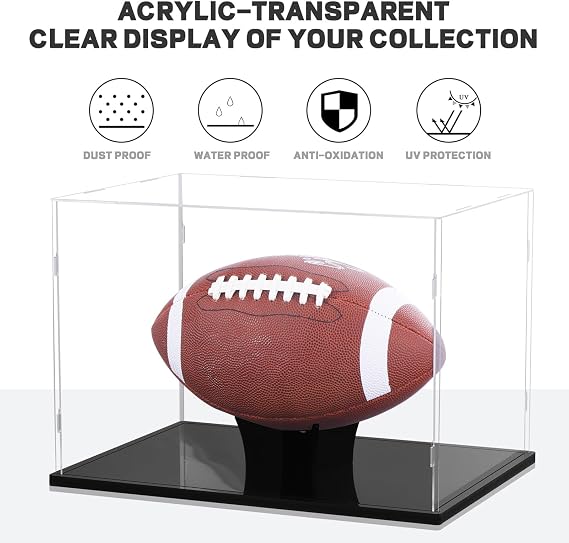 Football Display Case Full Size, Acrylic Clear Box with Stand, UV Protected Memorabilia Holder, for Autographed Football Fans & Collectors, Sports Collectibles