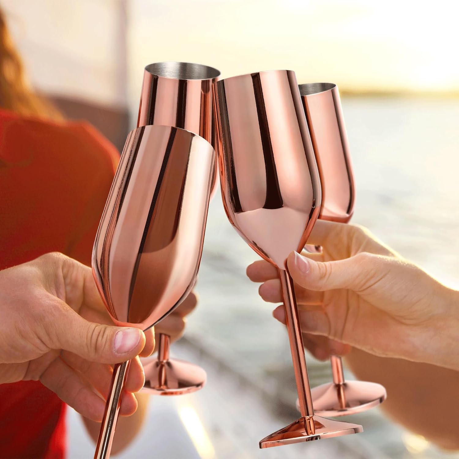 Lifecapido 4 Pack Stainless Steel Champagne Glasses, 8oz Elegant Stainless Steel Champagne Flutes, Stemmed Unbreakable Champagne Glasses for Party Wedding Christmas Anniversary, Rose Gold - Image 4
