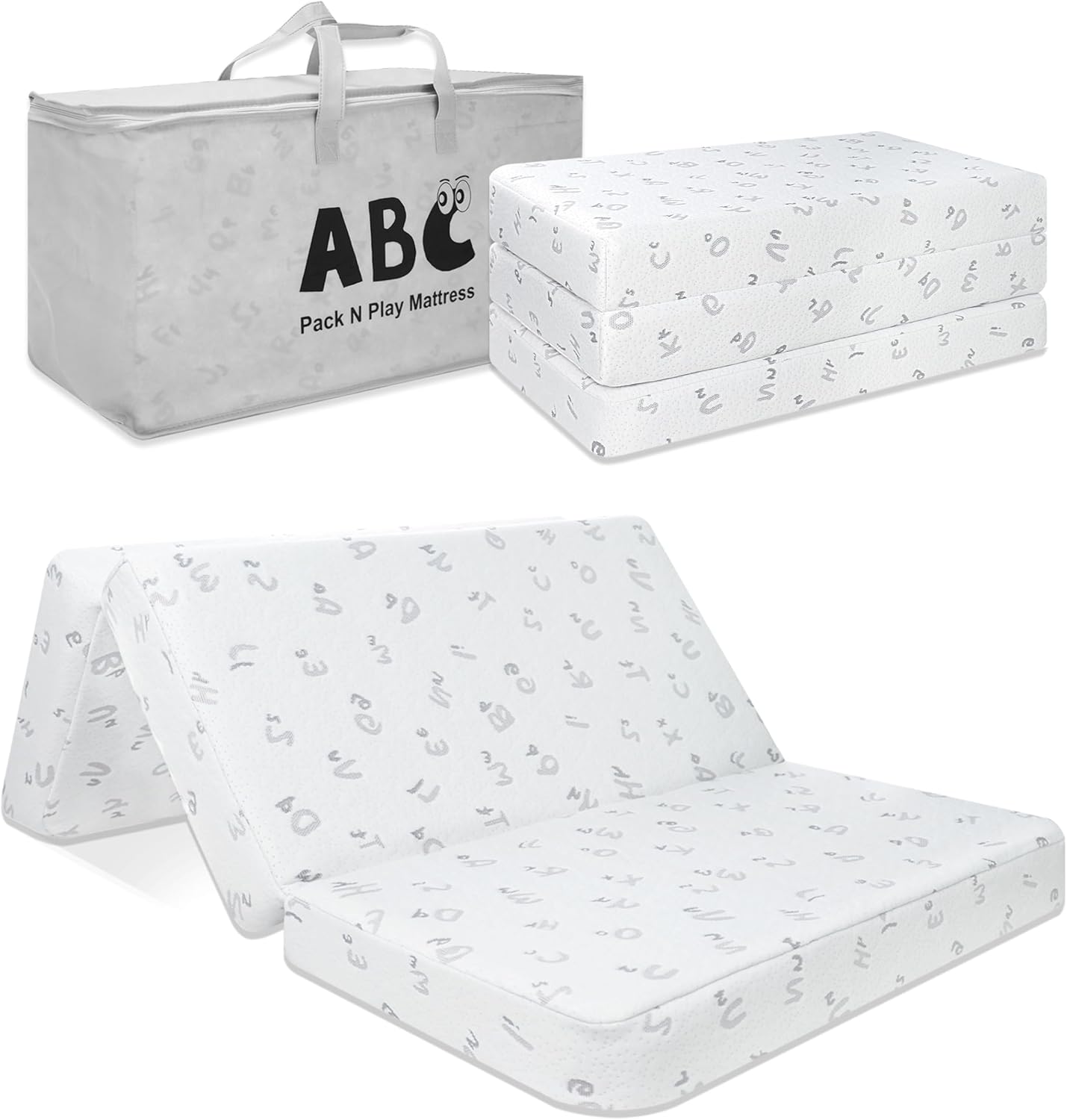 Trifold Pack and Play Mattress - 38"x26" Pack N Play Mattress Pad with Breathable Removable Cover - High Density Foam Foldable Travel Baby Crib Mattresses Grey