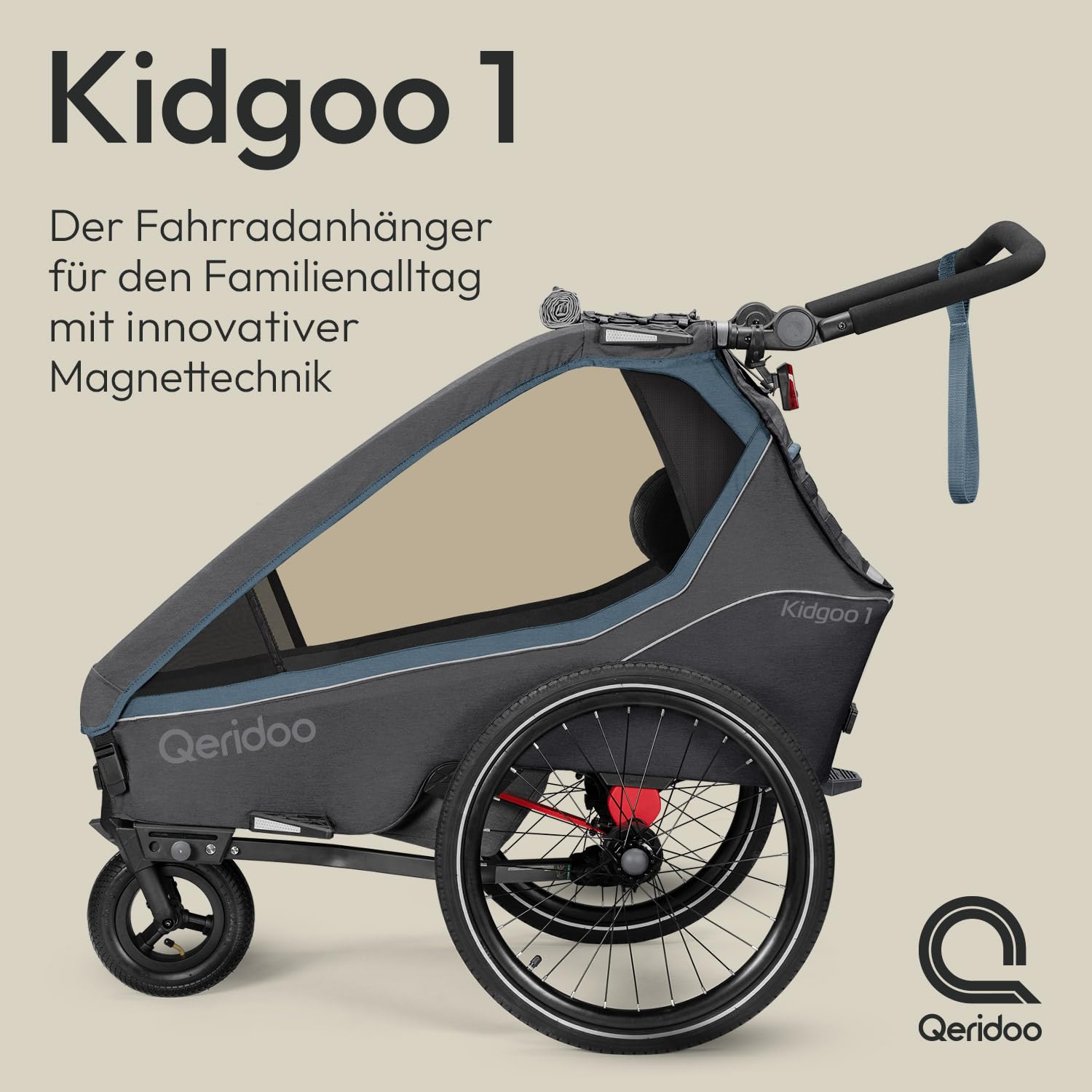 Qeridoo Rimorchio per bicicletta Kidgoo 1 Navy Blue con cintura a 5 punti e Easy ARS, pieghevole, con ruota girevole a 360 gradi e protezioni per la testa brevettate, per 1 bambino