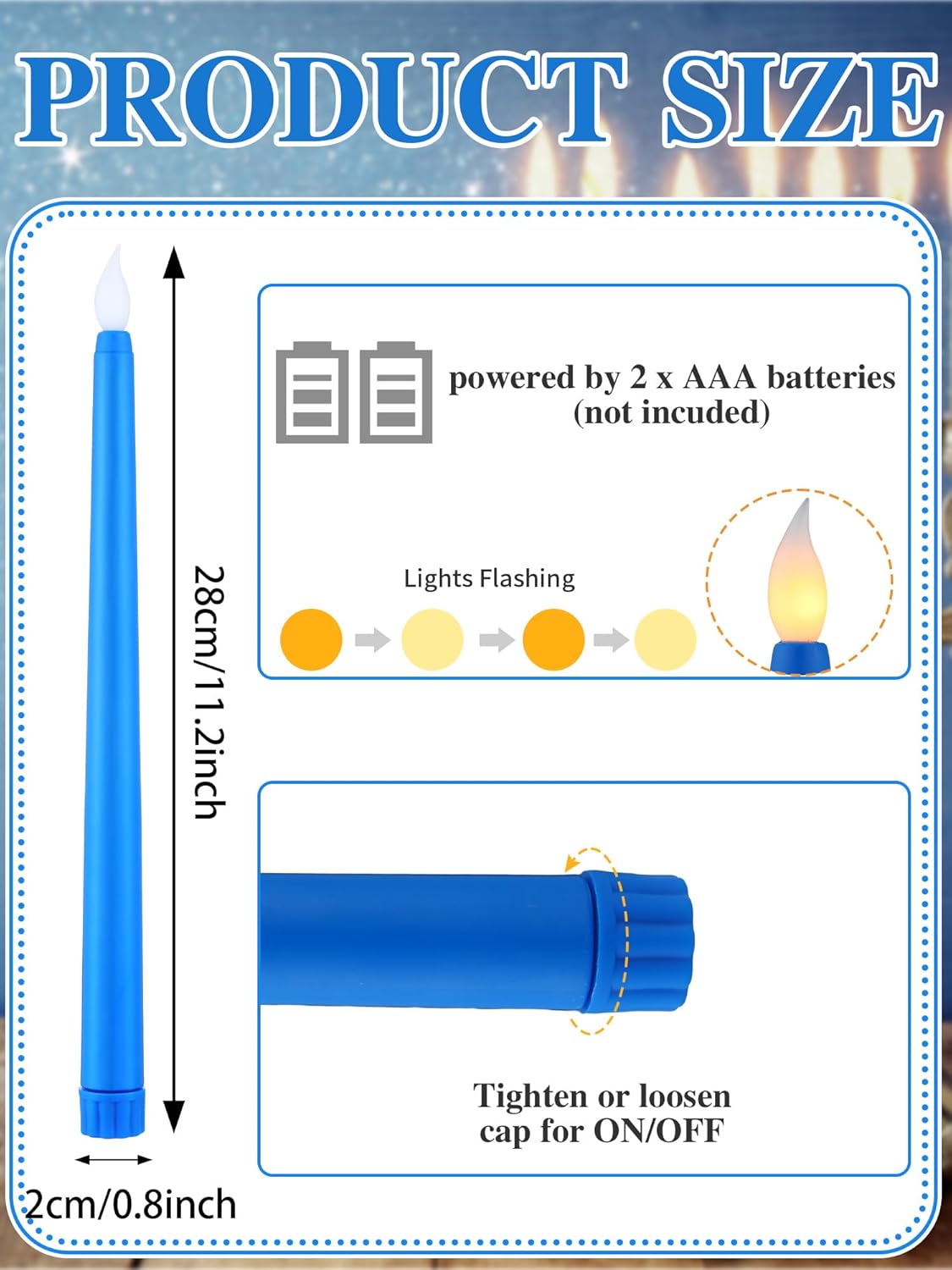 Baquler 9 Pcs LED Hanukkah Candles Blue and White Battery Operated Flameless Taper Candles 0.8 x 11.2 Inch Tall for Hanukkah Christmas Wedding Birthday Home Decor Gifts