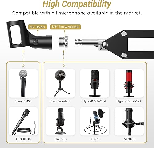 Miniatura 2 de TONOR Brazo de brazo de micrófono, brazo de micrófono ajustable con filtro pop extra grande para HyperX, Razer, azul, Shure, Rode, Elgato, equipo de