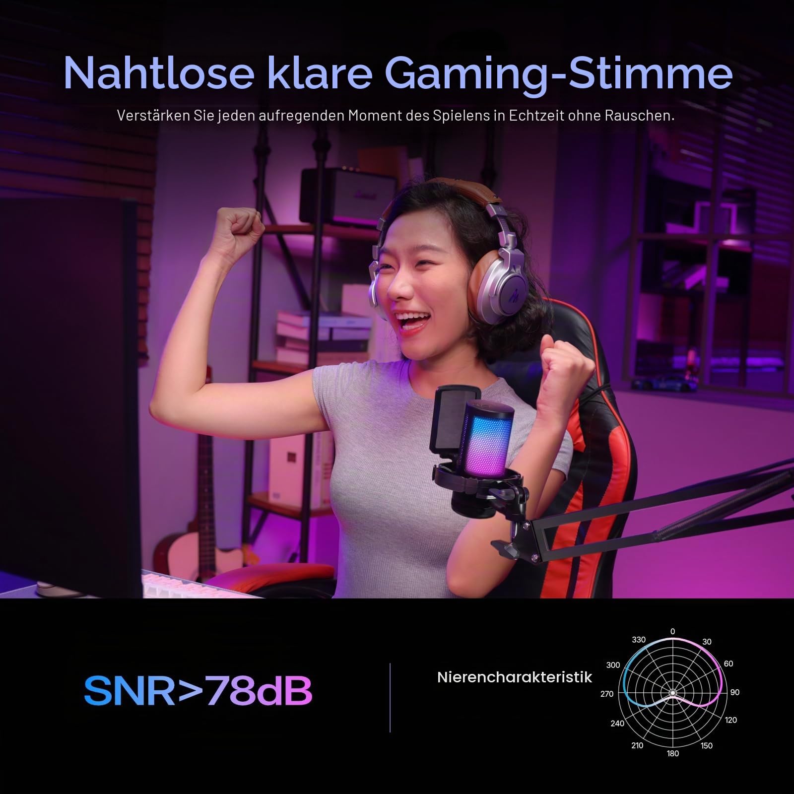 MAONO DGM20S Gaming USB Mikrofon, Noise Cancellation Kondensator Mic mit Mute, Gain, Monitoring, Galgenarm, Pop-Filter für Streaming, Podcast