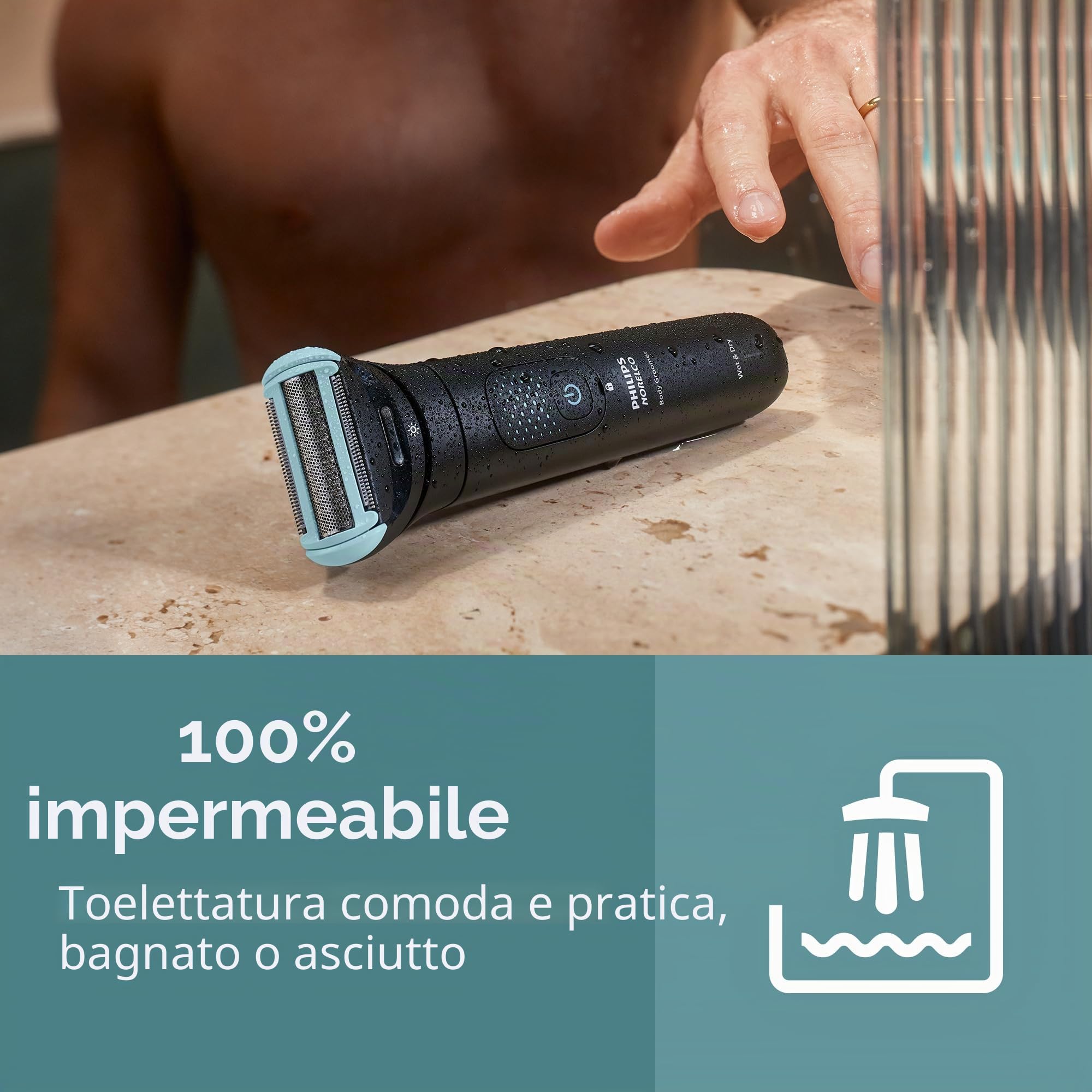 Philips Norelco Body Groomer serie 7000, Groomer per tutto il corpo, testina flettente 2D che segue i contorni, sistema di rasatura tripla protezione e rasoio per capelli intimi, 100% impermeabile