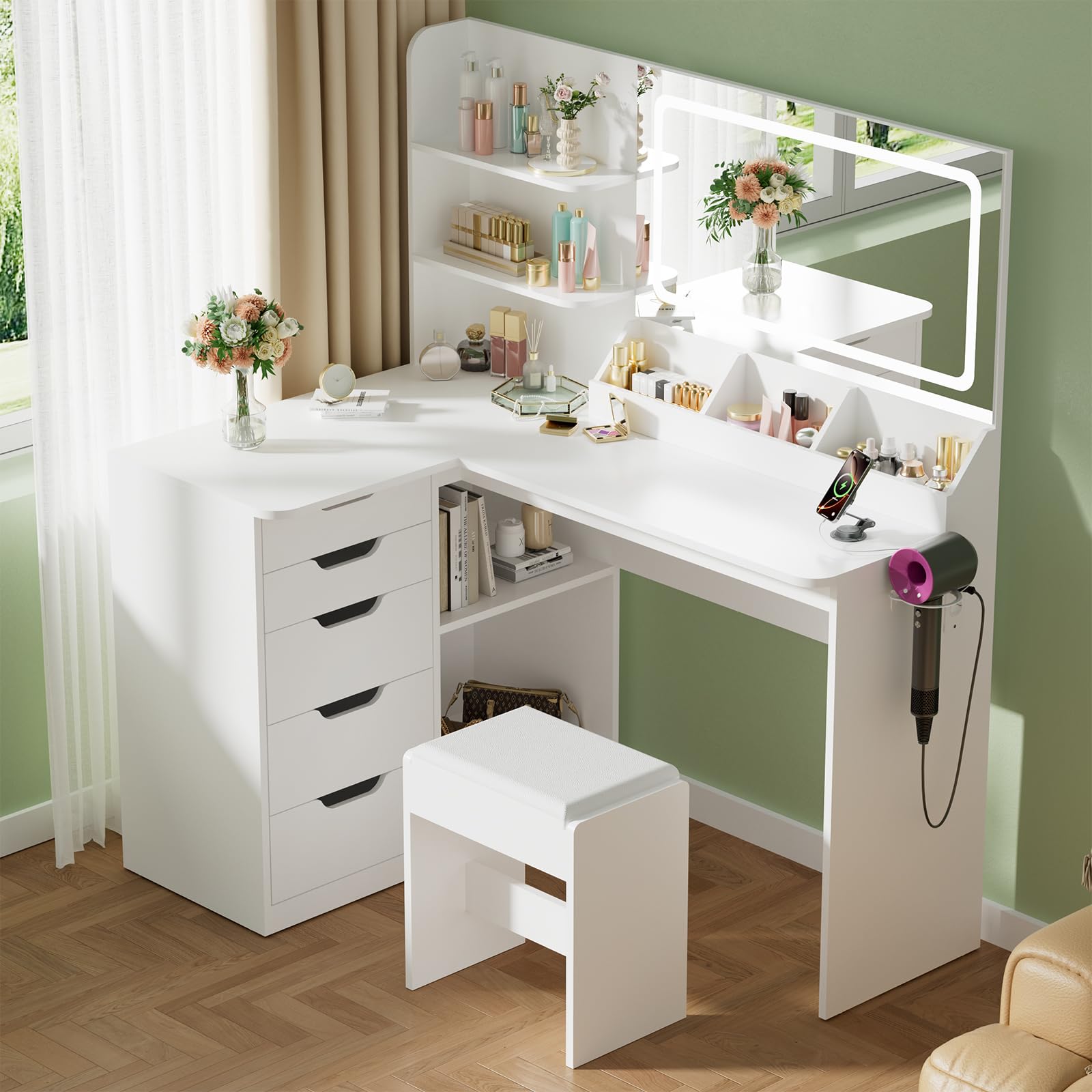 Devoko Make-uptafel met ledverlichting en spiegel, kaptafel met stopcontacten en 5 laden, 6 sieradenhaken en open planken, vanity-bureau voor de slaapkamer (zwart