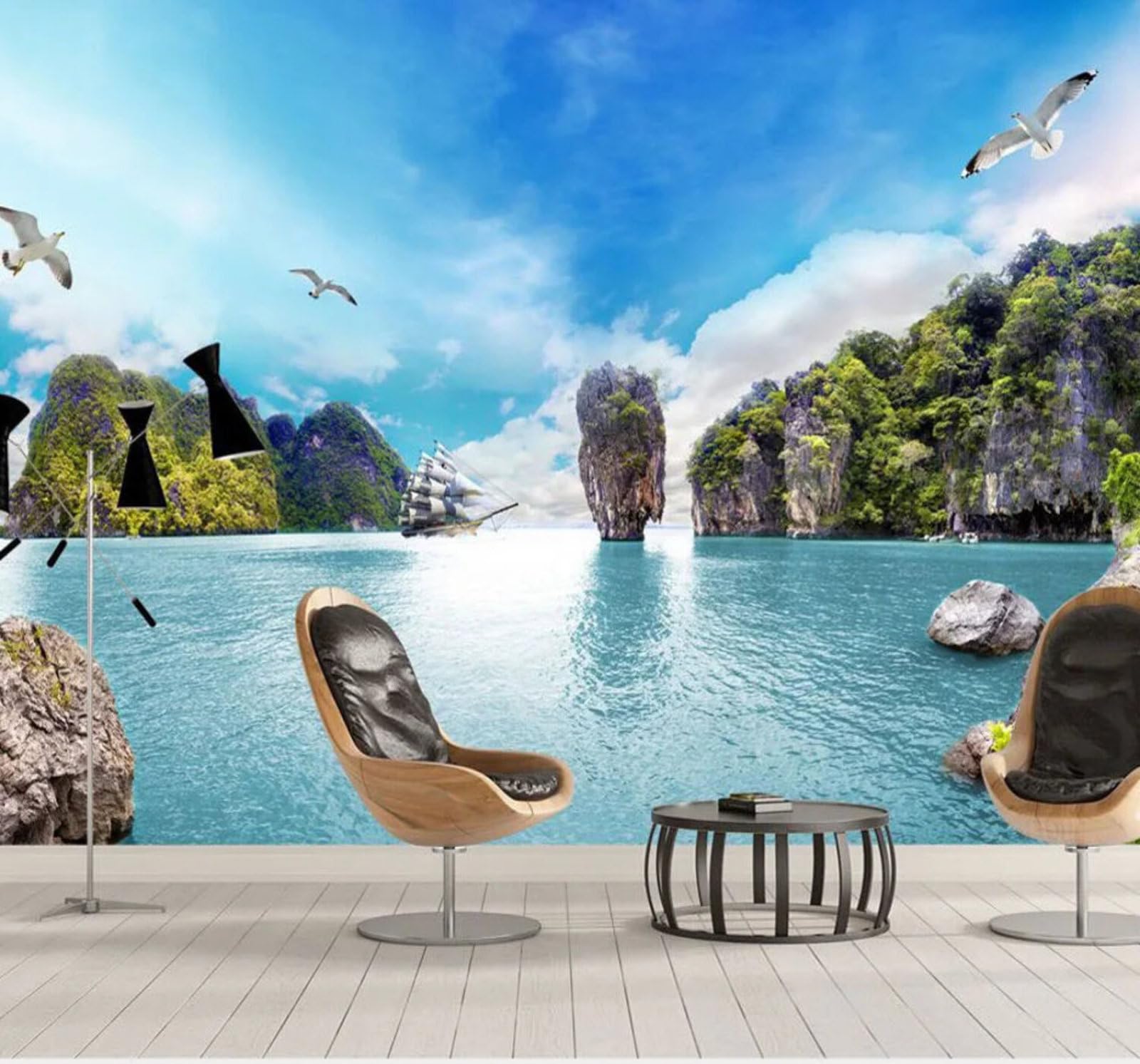 Fresh Beautiful Landscape Sailing Boat Scenery 3D Wallpaper Easy Install Feature Office Living Room Sofa Bedroom TV Background Wall Decoration-250cm×170cm