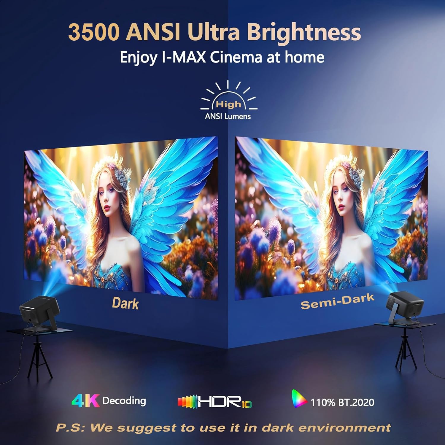 [3500 ANSI/ Official Apps/65W Audio] Outdoor 4K Projector with WiFi and Bluetooth, Auto Focus, Auto Keystone Smart Projector Support DoIby Audio, 2026 Upgrade GO2 Short Throw Projector with 360°Stand - 2