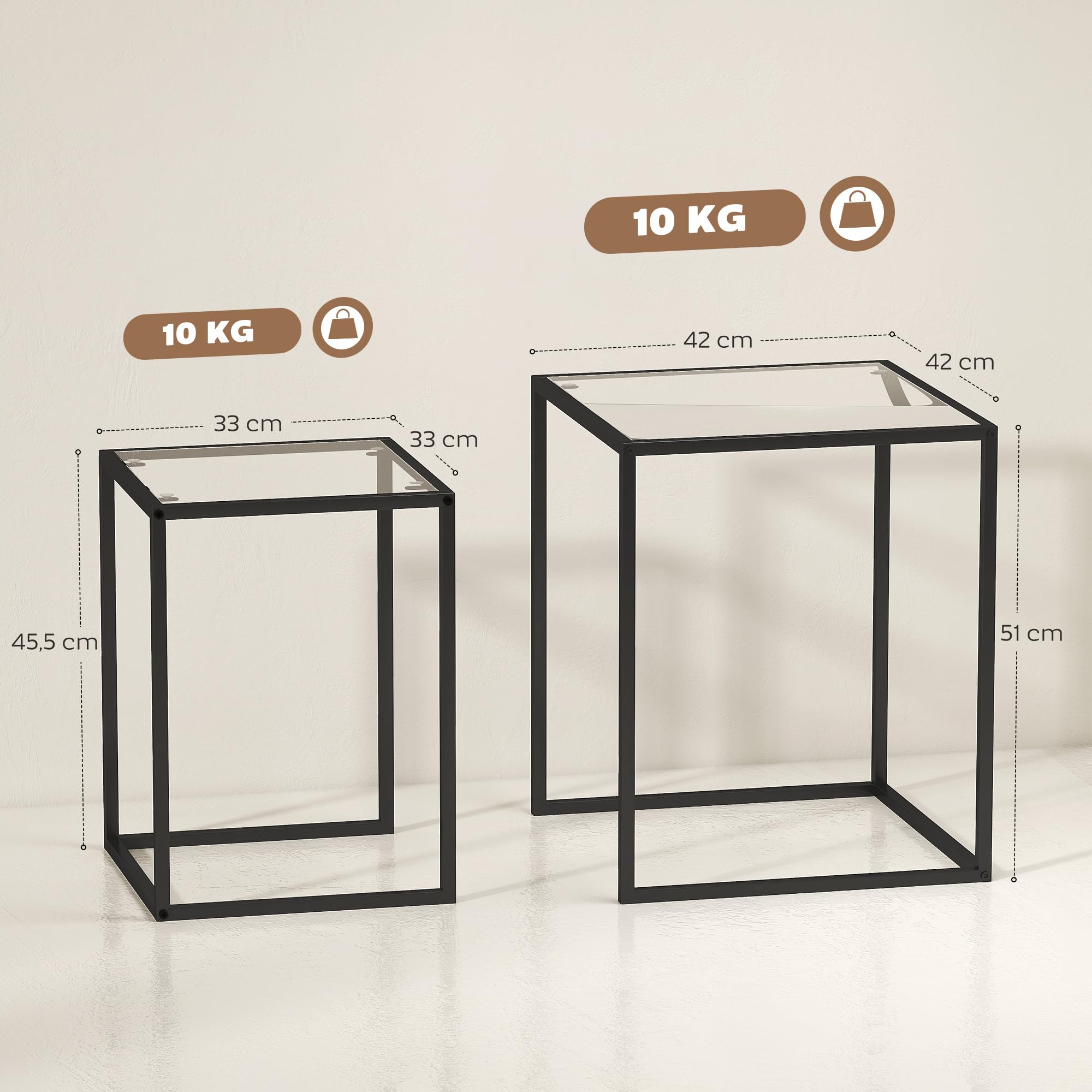 HOMCOM Conjunto de 2 Mesas Auxiliares Cuadradas Juego de Mesas de Centro Apilables con Encimera de Vidrio Templado y Marco de Acero para Salón 33x33x45,5 cm y 42x42x51 cm Negro