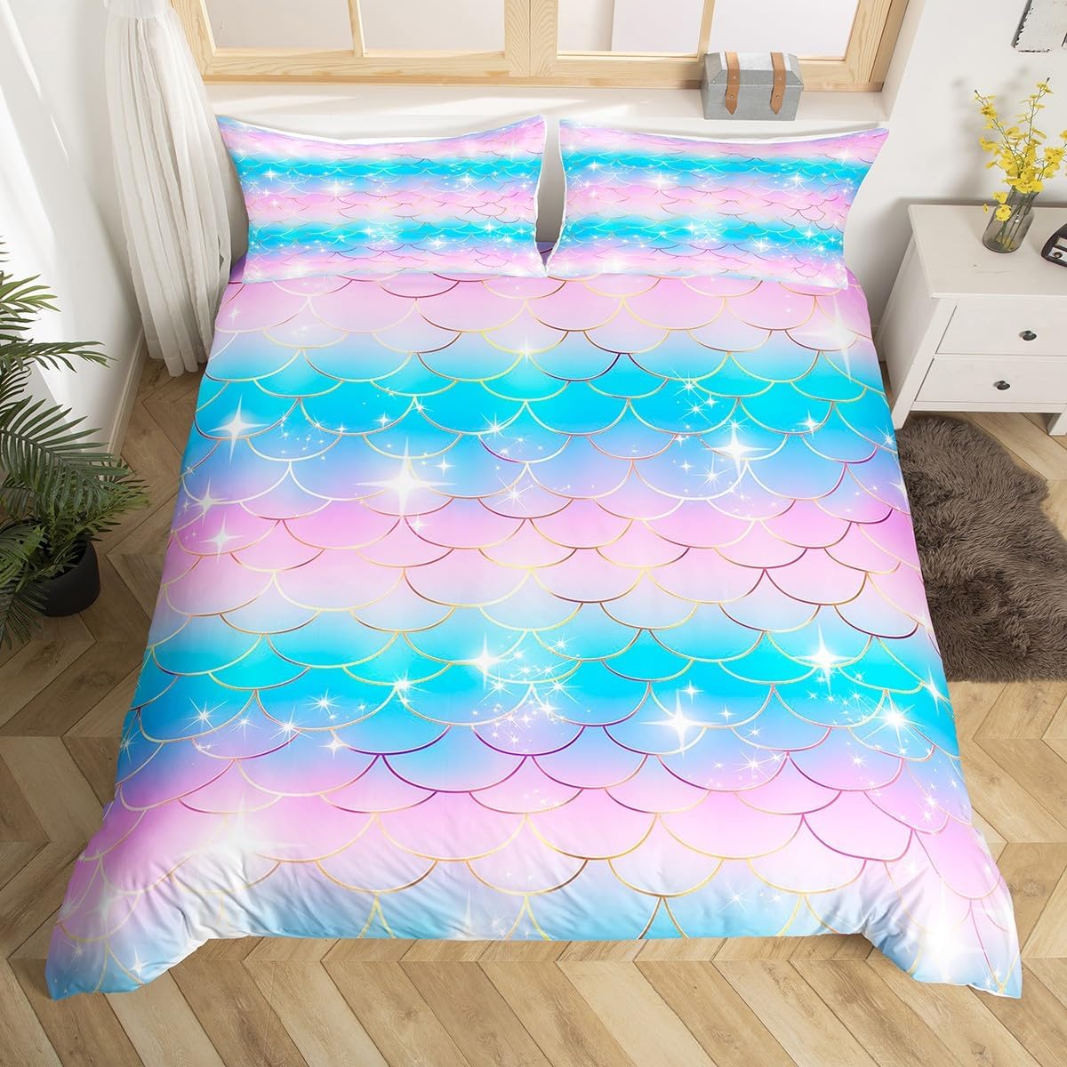 Fish Scales Bedding Set Girls Kids Mermaid Fish Scales Comforter Cover Full Boys Teens Seigaiha Ocean Theme Duvet Cover Soft Microfiber Blue Pink Bedspread Blingbling Golden Stripe Printed Quilt Cover