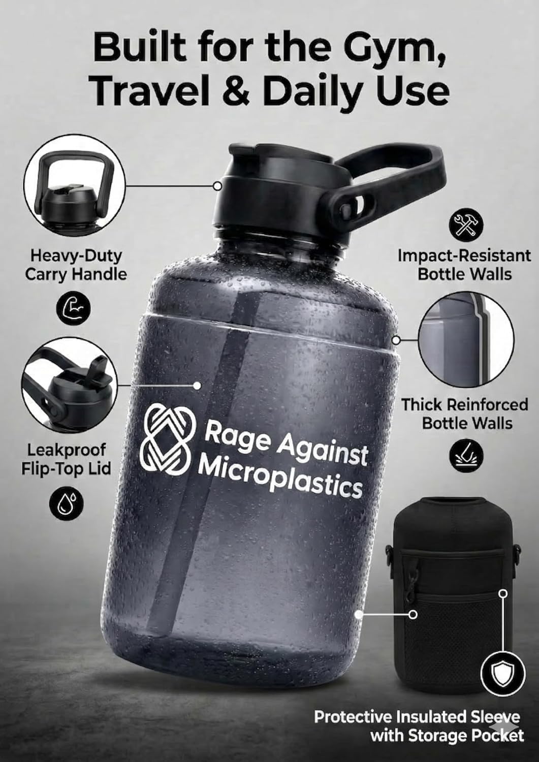 Half Gallon Water Bottle WITH Sleeve & Accessories – 64oz / 2.2L Hydration Kit Bundle – Includes Straw, Cleaning Brush & Storage Pocket – Leakproof Gym Jug BPA-Free