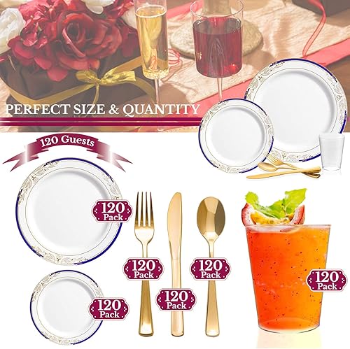 Miniatura 5 de Elegante vajilla desechable de plástico resistente, platos de plástico de diseño elegante, para bodas, cumpleaños y todas las ocasiones (blanco con