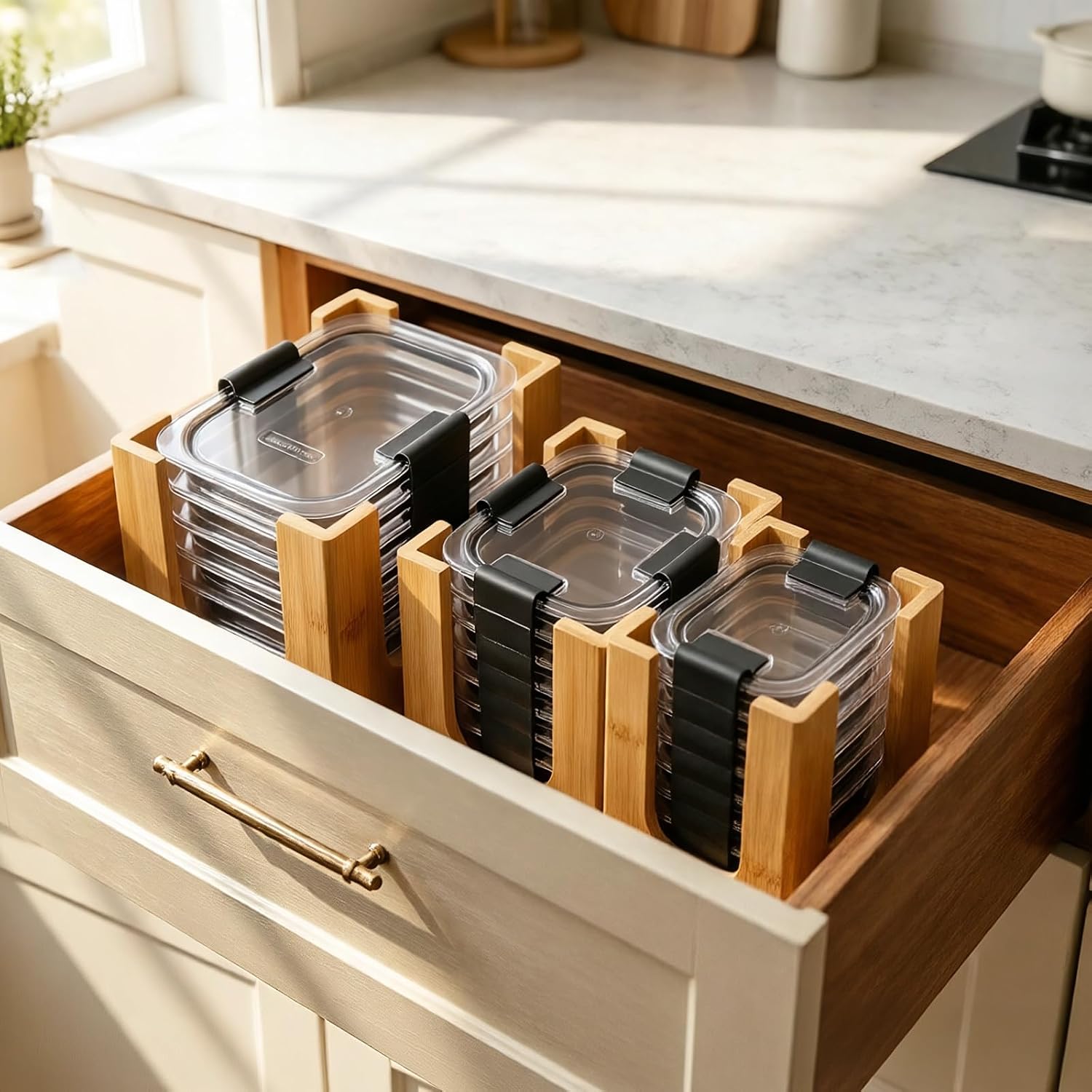 Angadona 3-Pcs Bamboo Lids Organizer for Rubbermaid Brilliance Lids – Stackable Lid Storage Holds 4.7 Cup, 3.2 Cup, 1.3 Cup & 0.5 Cup Food Containers, Premium Bamboo Lid Organizers Inside Cabinet