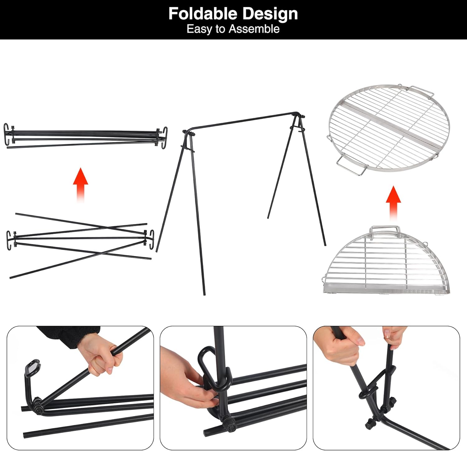 REDCAMP Swing Campfire Grill Stand - Collapsible Campfire Cooking Rack with 6 Hooks & Stainless Steel Grill Grate, Portable Dutch Oven Hanger for Outdoor Camping, Cookware, Bonfire, Round