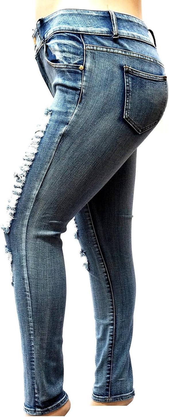 Jack David Womens Plus Size Distressed Ripped Blue Skinny Denim Jeans Pants - Image 4