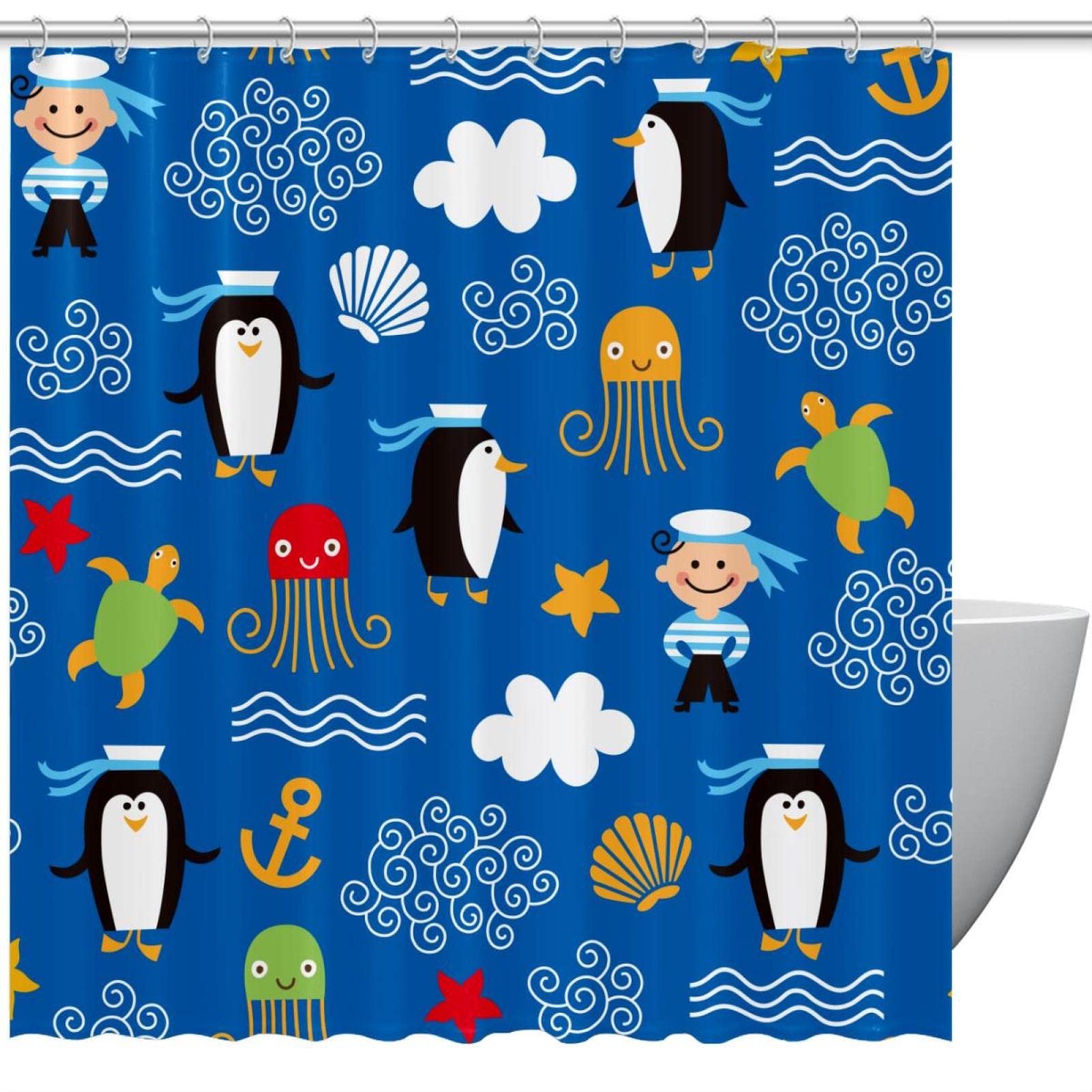 Rideau de douche pingouin bleu aquarelle chic en tissu marin 183 cm