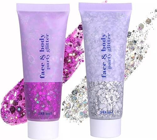 Gel con purpurina de 2 colores para rostro y cuerpo, maquillaje, cara, cabello, lentejuelas de sirena, purpurina gruesa holográfica para cabello,