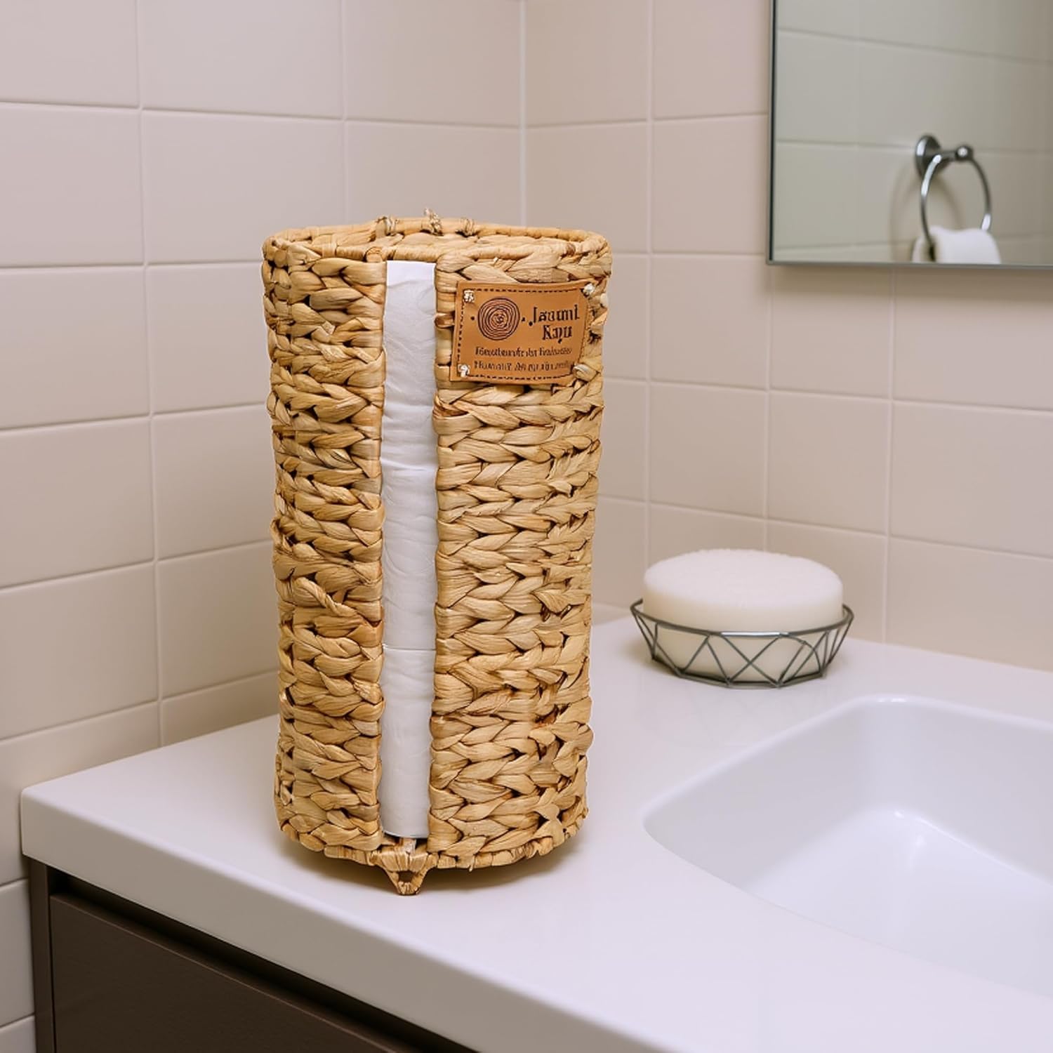 Bathroom Wicker Baskets for Organizing with Lid, Water Hyacinth Storage Basket with Cover, Toilet Paper – Bath Tissue Organizer, Fully Handwoven in Indonesia – 14.5" x 6.7" x 6.7" (1)