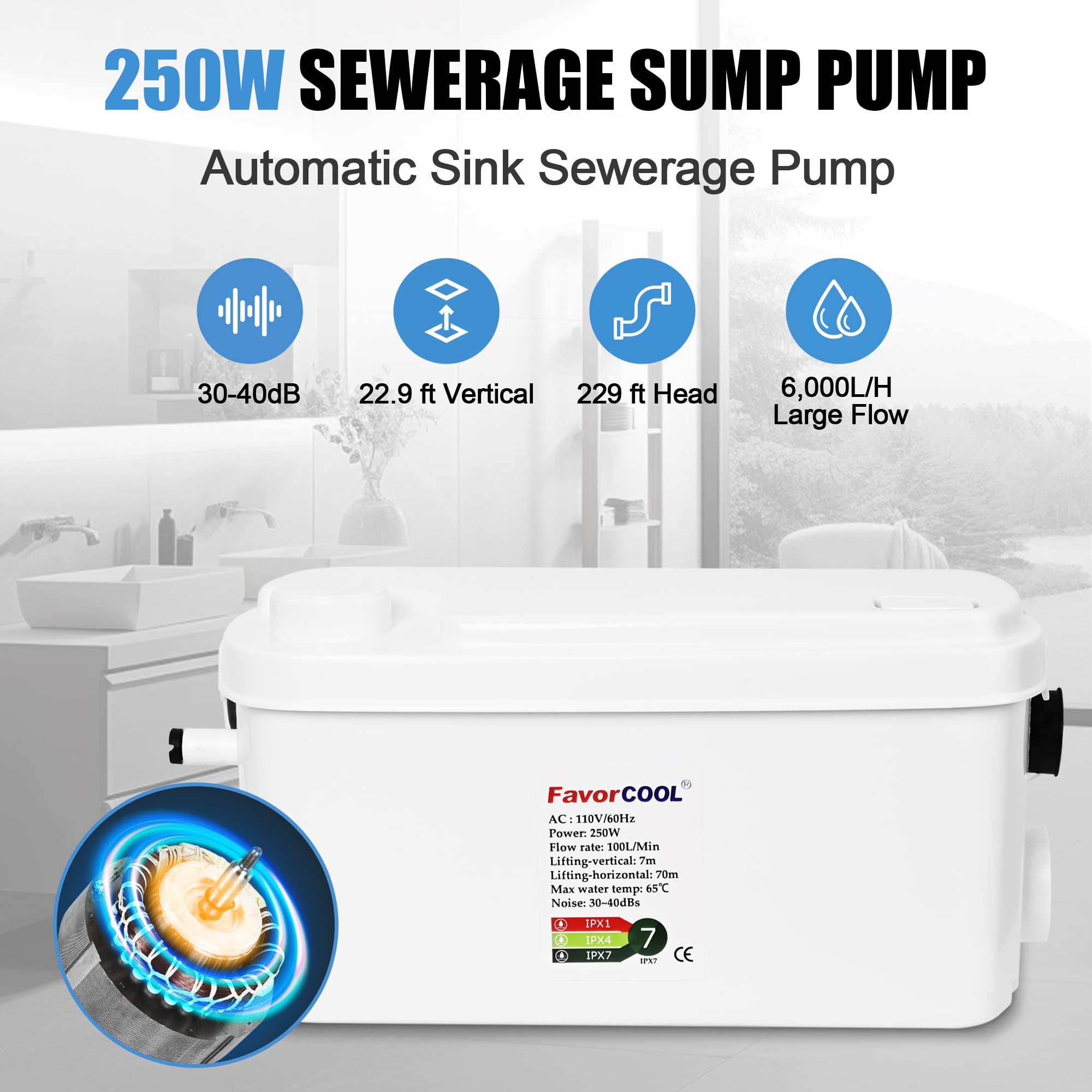 Pompa kanalizacyjna do zlewu, pompa ściekowa 250 W z 3 wlotami wody do piwnicy, kuchni, zlewu, prysznica, wanny, pralni, pompy oczyszczającej