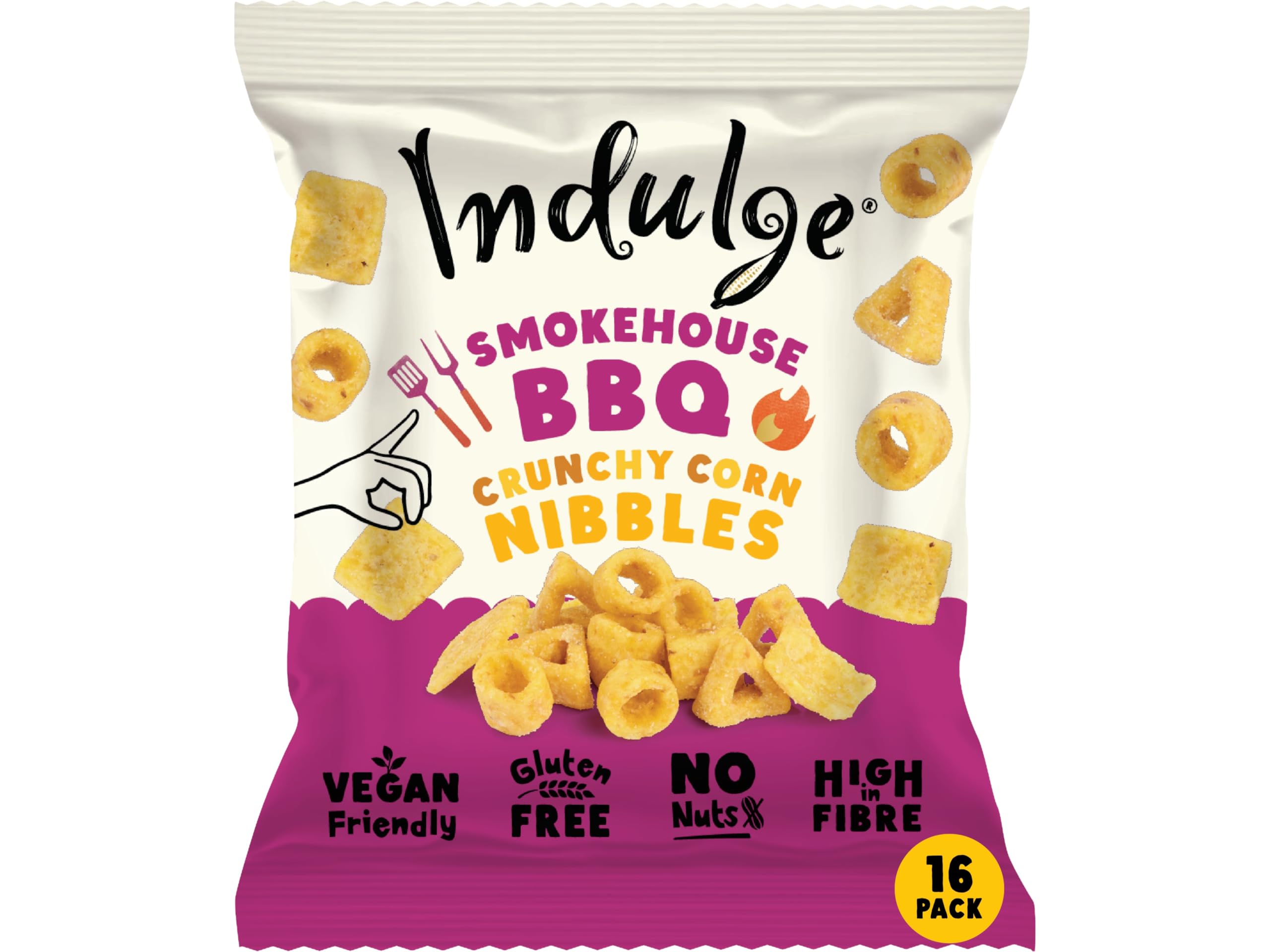 Indulge - Crunchy Corn Nibbles - Smokehouse BBQ Flavour - Gluten Free, Low Salt, Low Fat, Nut Free, Vegan - 20g x 16 bags (20g (Pack of 16), Smokehouse BBQ)