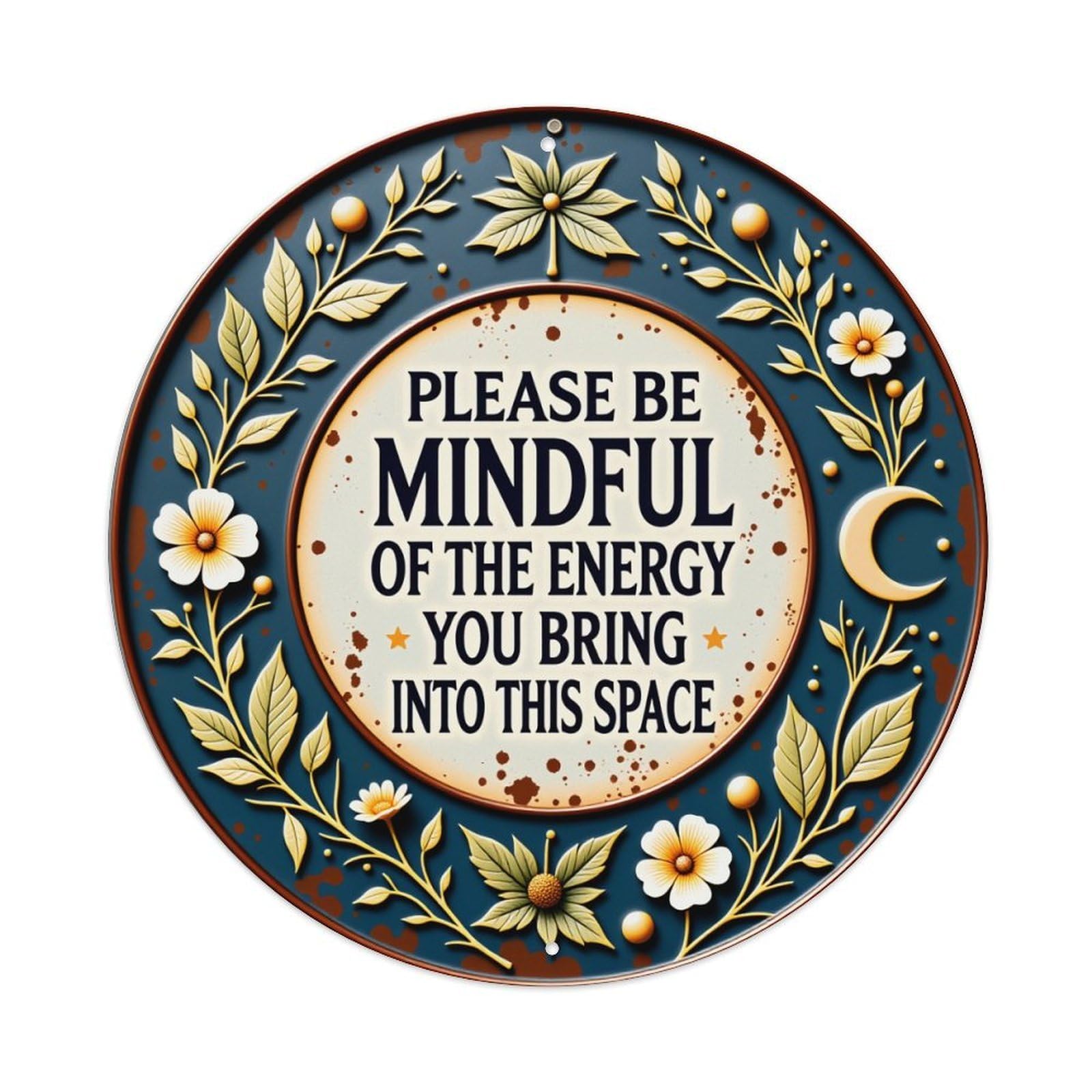 Floral Moon Leaves Stars Text Round Tin Sign Vintage Metal Poster Retro Bar, Home, Man Cave, Kitchen, Laundry Room Wall Art Decor Gift 8x8Inch