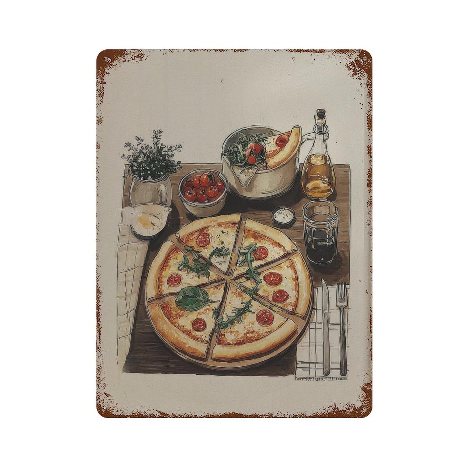 xiaoxiaoshen Food Handdrawn Pizza Illustration on Matte Paper Wall Decor Art Metal Tin Poster Modern Home Decor Art Home Bar Shop Decorations Vintage Sign 40x30cm