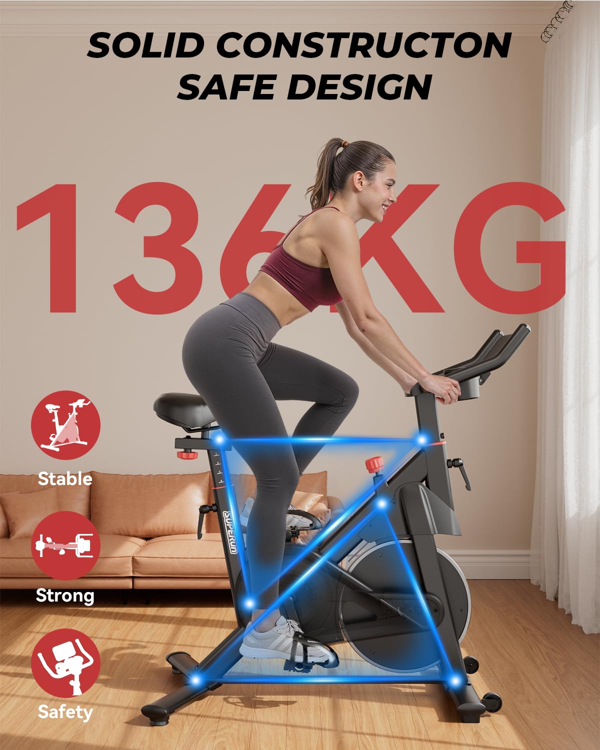 Superun Cyclette con Resistenza Magnetica Regolabile, Bicicletta Spinning per Casa con Display LCD, APP e Monitoraggio Dati, Cyclette Statica Portata 136 kg