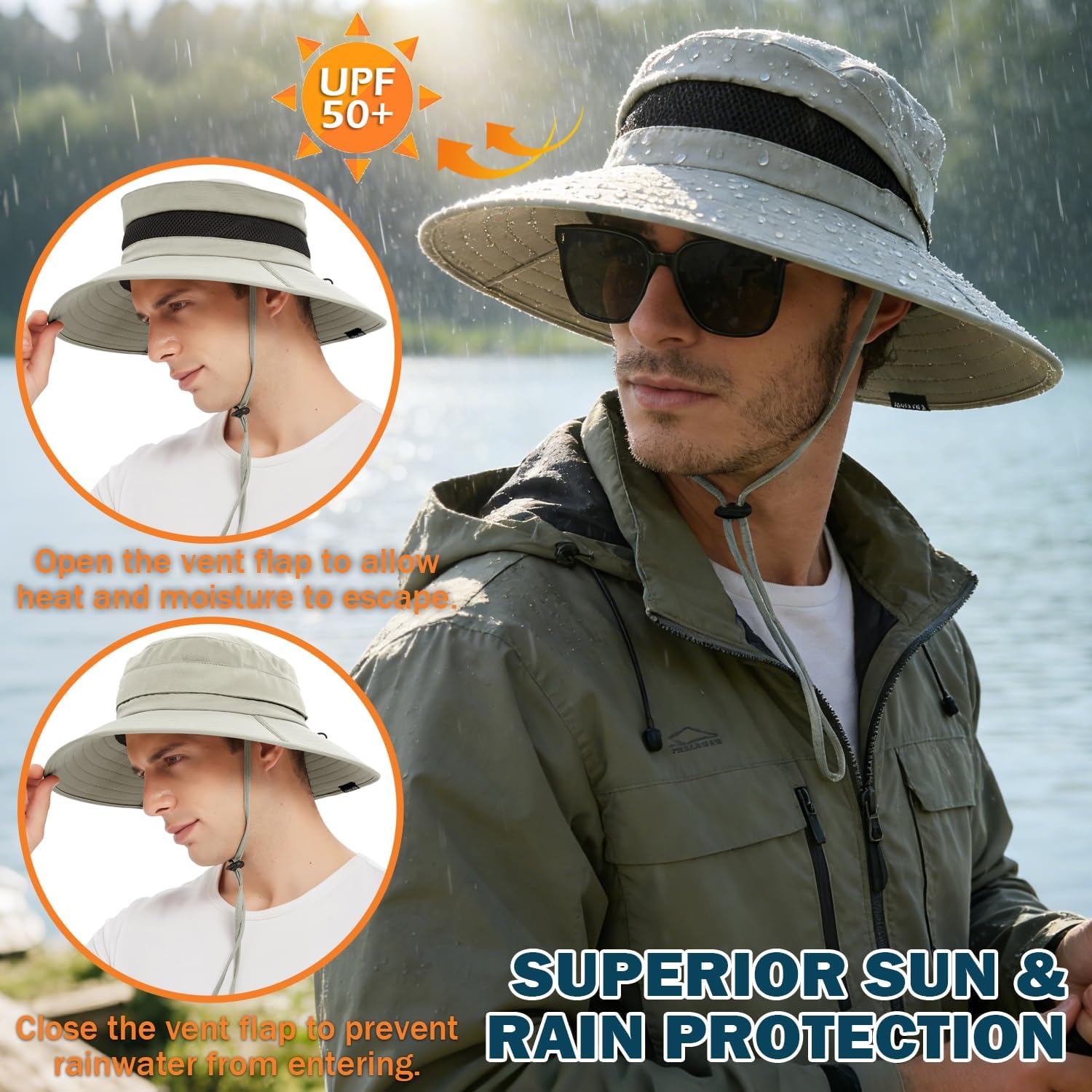 EINSKEY Solar Fan Sun Hat with Dual Clip-On Fans, UPF 50+ Wide Brim Bucket Hat with Solar & Battery-Powered Cooling, Adjustable 3-Speed Fans for Outdoor Hiking, Fishing, Beach, Golf – for Men & Women