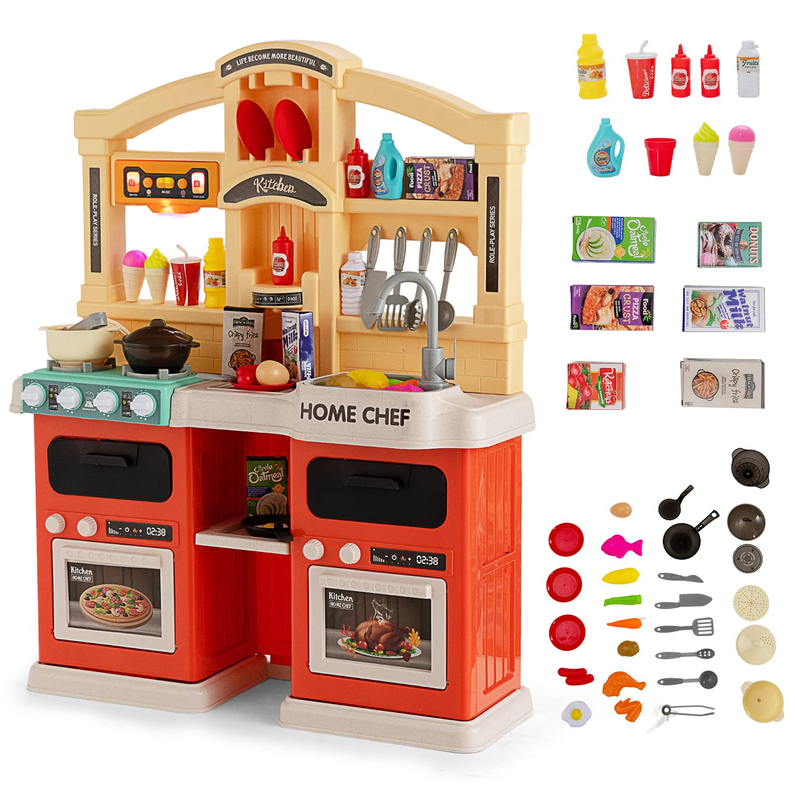 RELAX4LIFE Cucina Giocattolo per Bambini con 42 Accessori, Gioco di Cucina con Effetti Sonori e Luminosi, Funzioni vapore e Ebollizione, Gioco Cucina Realistica per Bambini 2 3 4 5 6 Anni (Rosso)