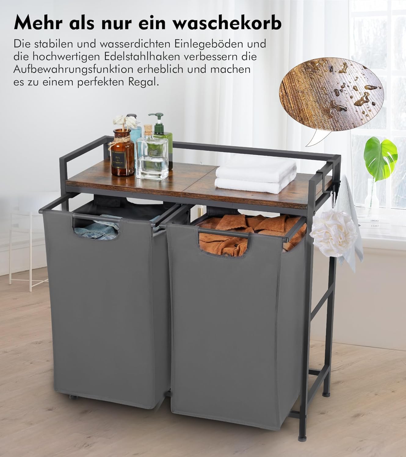 Doppio scomparto da 2x46 L – Cesto portabiancheria con sacchetti rimovibili in tessuto Oxford – Ripiano superiore in legno – Struttura metallica resistente – Soluzione pratica per bagno e camera da le