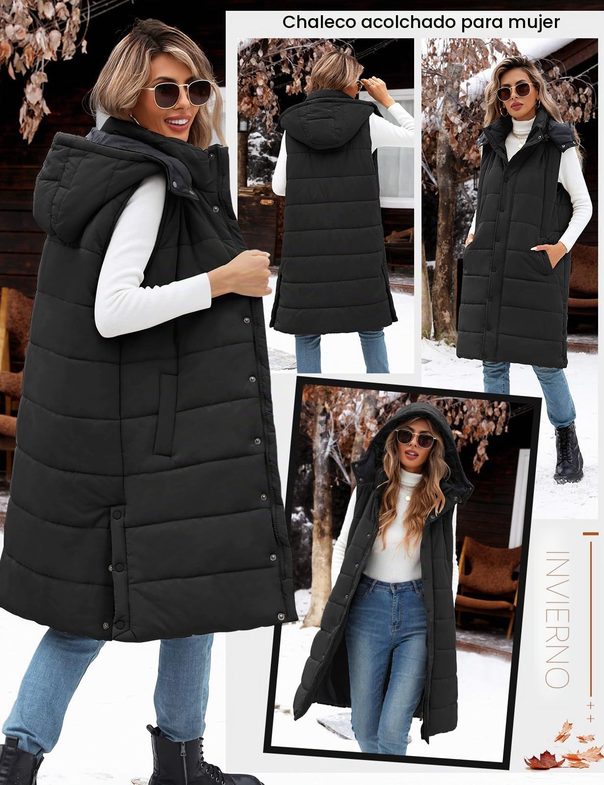 Vancavoo Chaleco Acolchado Mujer Invierno Abrigo Largo sin Mangas Chaleco con Capucha y Cremallera AbrigoS Térmico Con Bolsillos Chaqueta de Cuello Alto para Exteriores