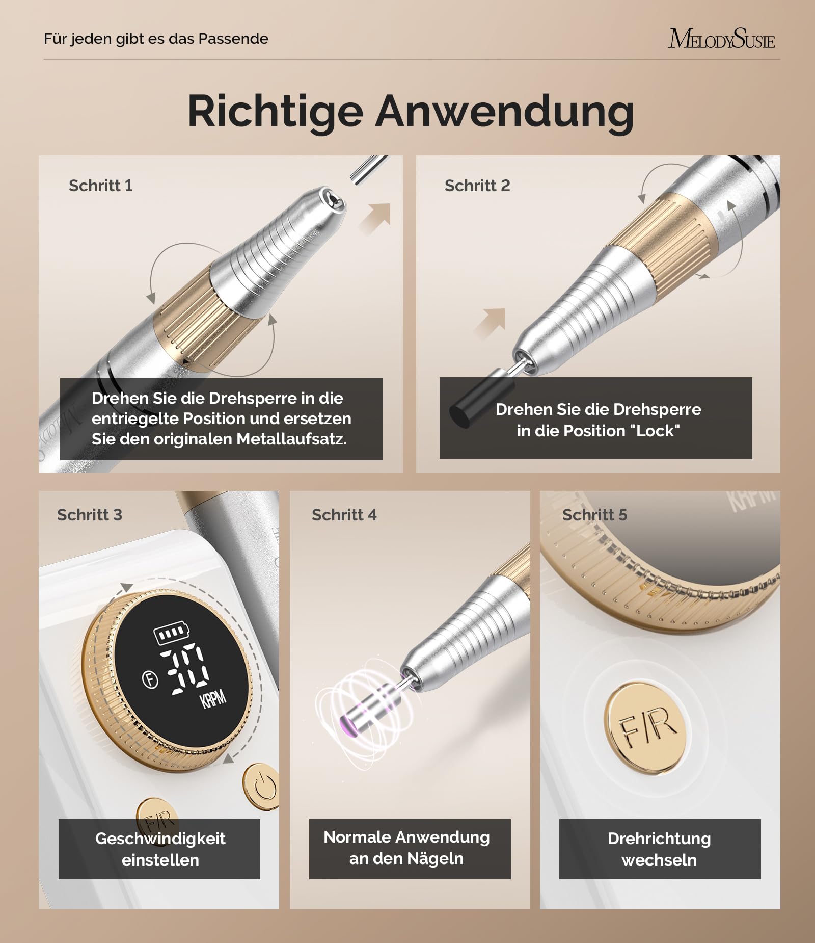 MelodySusie SC330G 2-in-1 Nagelfräser für Clip-on- und Tischgebrauch: Wiederaufladbare Professionelle Elektrische Nagelfeile mit LED-Anzeige, 30.000 U/min, für Acryl- & Gelnägel, für Salon (Weißgold)