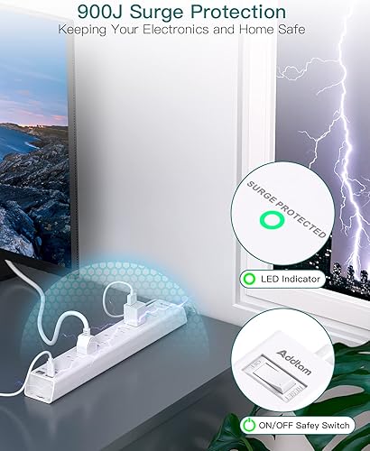 Miniatura 5 de Regleta protectora contra sobretensiones con USB C, cable de extensión de enchufe plano con 6 salidas de CA, 4 USB (2 USB C), montaje en pared, 5